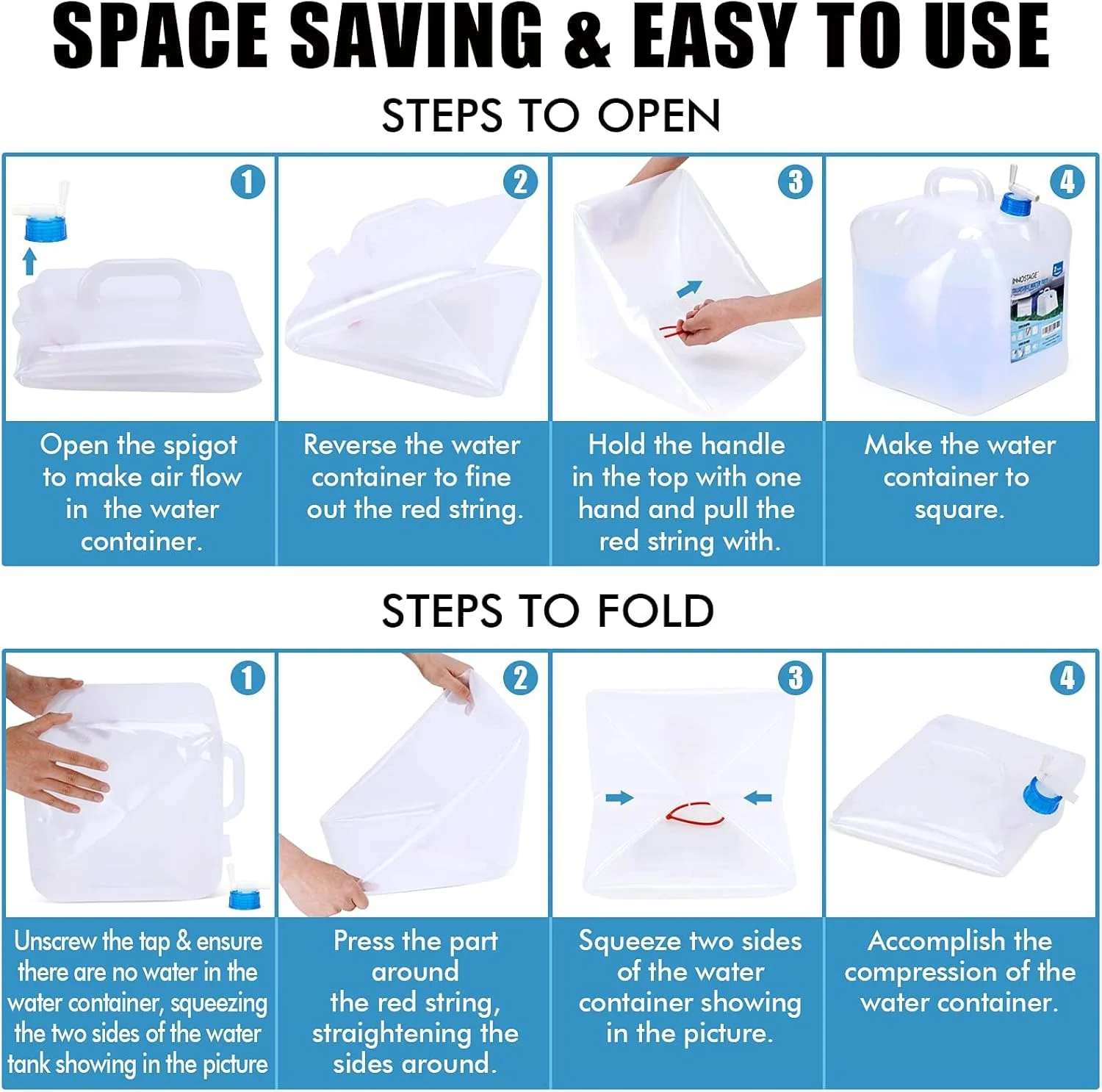 ظرف آب تاشو اینو استیج، بسته 2 عددی، 20 لیتری، قمقمه آب تاشو قابل حمل برای کمپینگ، پیاده روی و فعالیت های خارج از منزل