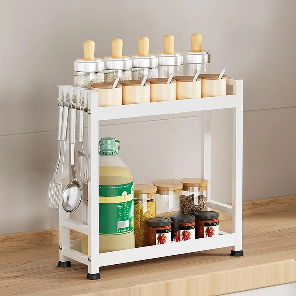 قفسه رومیزی آشپزخانه دو طبقه برای نگهداری قابلمه و ادویه، قفسه سازمان دهنده لوازم جانبی و ادویه جات فولادی کربنی دو لایه (سفید، دو طبقه)
