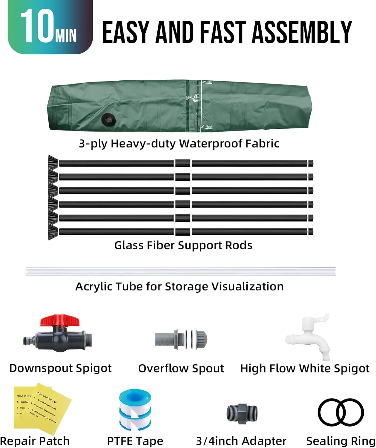 سیستم جمع آوری آب باران تاشو ماتالده - مخزن ذخیره آب قابل حمل 200 لیتری، سیستم جمع آوری آب باران تاشو، مخزن جمع آوری آب با فیلتر، شیرها و کیت سرریز
