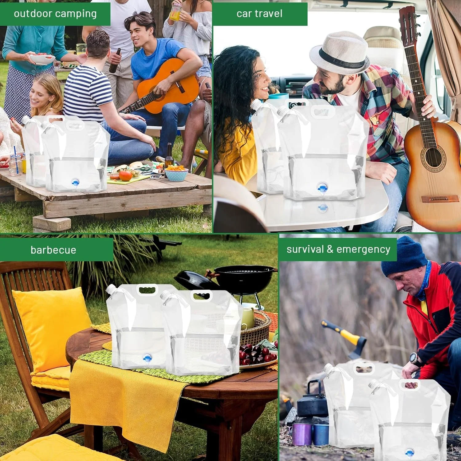 مجموعه ۴ عددی مخزن آب تاشو MAKINGTEC، کیسه آب قابل حمل با شیر، تانکر آب پلاستیکی تاشو، بدون نشتی، ذخیره آب اضطراری برای مسافرت و پیاده روی (۱۰ لیتر)