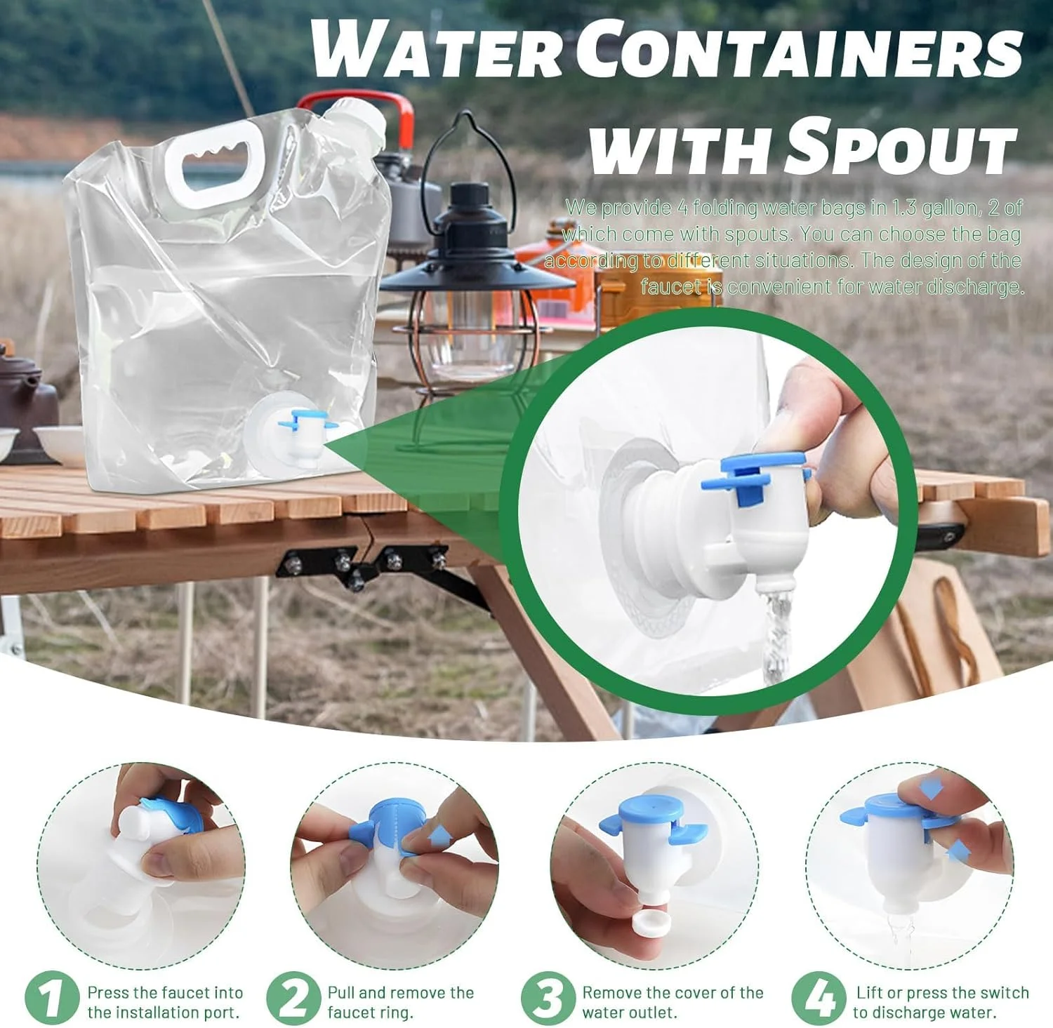 مجموعه ۴ عددی مخزن آب تاشو MAKINGTEC، کیسه آب قابل حمل با شیر، تانکر آب پلاستیکی تاشو، بدون نشتی، ذخیره آب اضطراری برای مسافرت و پیاده روی (۱۰ لیتر)