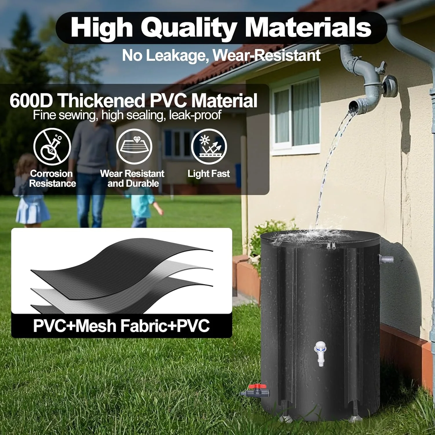 مخزن تاشو جمع آوری آب باران Meff-Mluk با ظرفیت ۱۰۰ لیتر، مخزن قابل حمل برای جمع آوری آب باران از ناودان، سیستم جمع آوری آب باران، مخزن ذخیره آب با فیلتر و شیر تخلیه و کیت سرریز