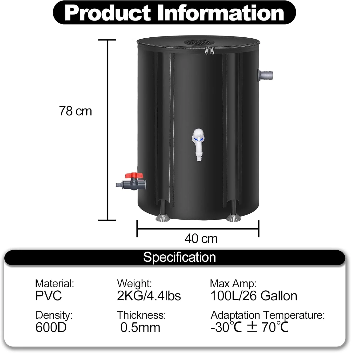 مخزن تاشو جمع آوری آب باران Meff-Mluk با ظرفیت ۱۰۰ لیتر، مخزن قابل حمل برای جمع آوری آب باران از ناودان، سیستم جمع آوری آب باران، مخزن ذخیره آب با فیلتر و شیر تخلیه و کیت سرریز