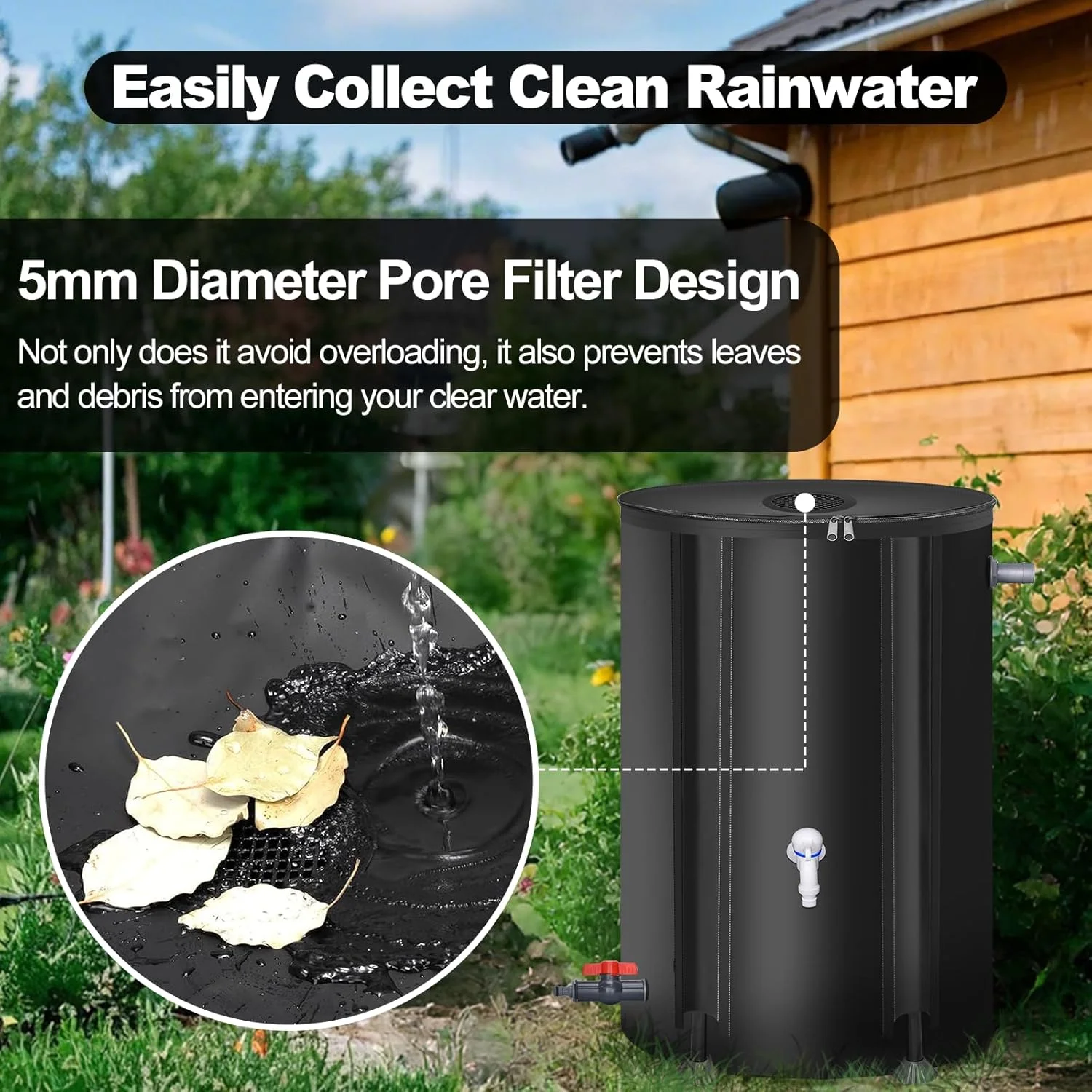 مخزن تاشو جمع آوری آب باران Meff-Mluk با ظرفیت ۱۰۰ لیتر، مخزن قابل حمل برای جمع آوری آب باران از ناودان، سیستم جمع آوری آب باران، مخزن ذخیره آب با فیلتر و شیر تخلیه و کیت سرریز