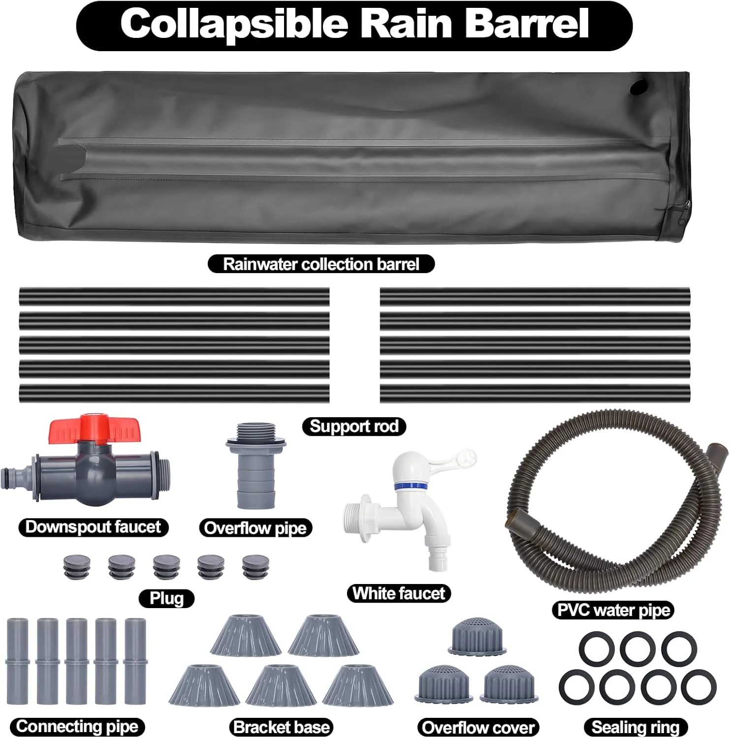 مخزن تاشو جمع آوری آب باران Meff-Mluk با ظرفیت ۱۰۰ لیتر، مخزن قابل حمل برای جمع آوری آب باران از ناودان، سیستم جمع آوری آب باران، مخزن ذخیره آب با فیلتر و شیر تخلیه و کیت سرریز