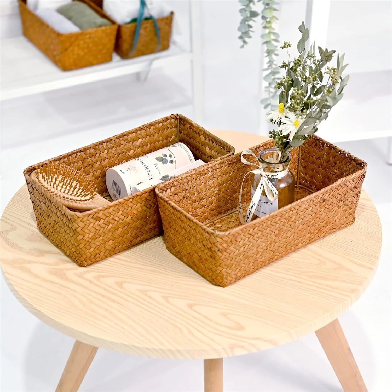 سبدهای حصیری برای نظم دهی، ست 3 عددی سبد حصیری مستطیلی بافته شده دستی، سبدهای نظم دهنده منزل، سبد کاغذی برای روی مخزن توالت، سبدهای تزئینی قابل انباشت