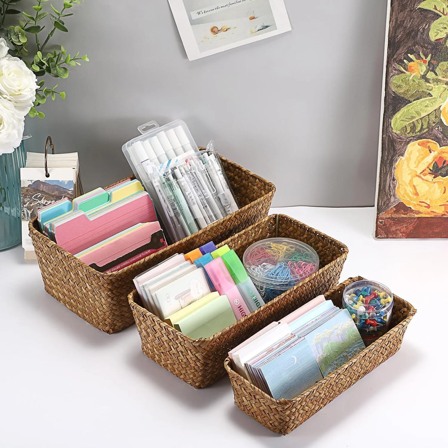 سبدهای حصیری برای نظم دهی، ست 3 عددی سبد حصیری مستطیلی بافته شده دستی، سبدهای نظم دهنده منزل، سبد کاغذی برای روی مخزن توالت، سبدهای تزئینی قابل انباشت