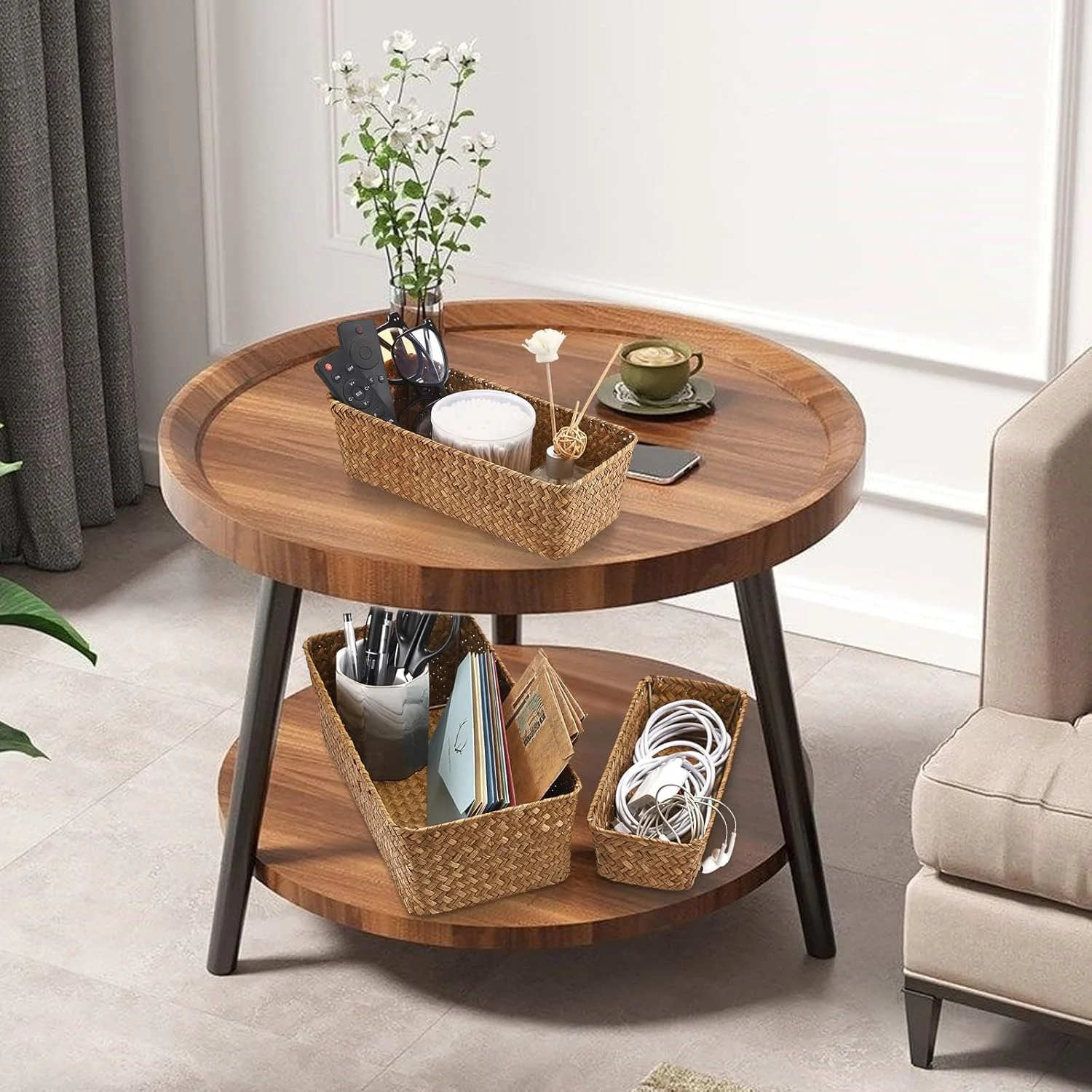 سبدهای حصیری برای نظم دهی، ست 3 عددی سبد حصیری مستطیلی بافته شده دستی، سبدهای نظم دهنده منزل، سبد کاغذی برای روی مخزن توالت، سبدهای تزئینی قابل انباشت