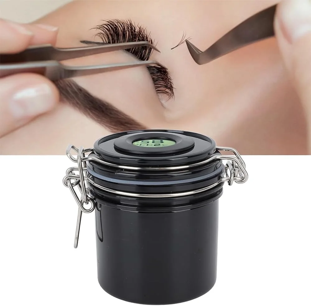 مخزن نگهداری چسب مژه Namvo با دماسنج و رطوبت سنج، افزایش طول عمر چسب، محافظت با مهر و موم، نظارت بر دما و رطوبت، محفظه چسب مهر و موم شده (سفید)