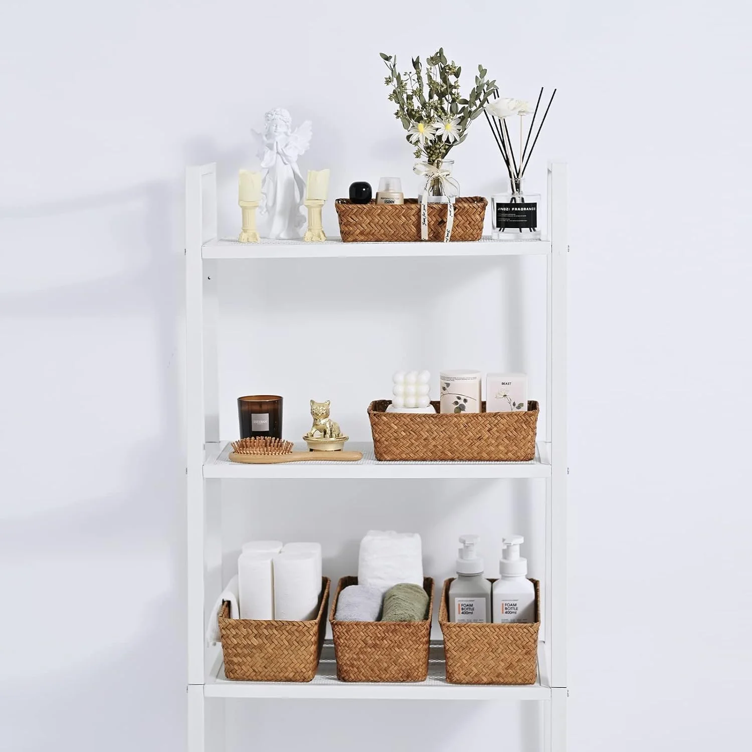 سبدهای حصیری برای نظم دهی، ست 3 عددی سبد حصیری مستطیلی بافته شده دستی، سبدهای نظم دهنده منزل، سبد کاغذی برای روی مخزن توالت، سبدهای تزئینی قابل انباشت