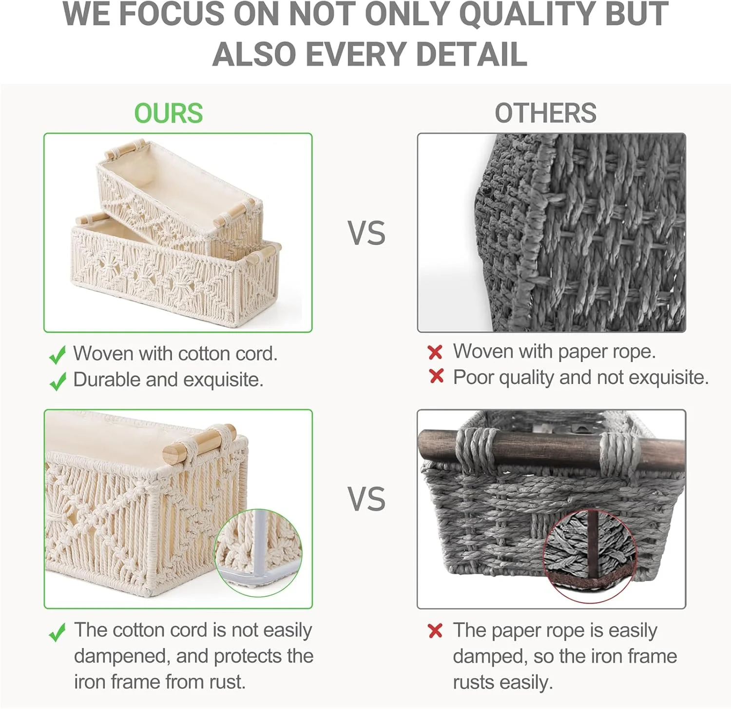 سبدهای بافت مکرومه Mkono، جعبه تزئینی دکوراسیون بوهو، بافته شده دستی، سازمان دهنده کابینت قفسه مخزن توالت رومیزی تزئینی برای اتاق خواب، اتاق نشیمن، خانه، ست 2 عددی، عاجی