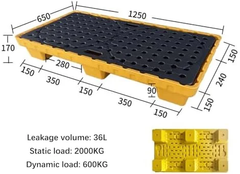 سینی نشت گیر بشکه، سینی نشت روغن، سکوی نشت گیر، سکوی ضد لغزش، سکوی ماژولار پلی اتیلنی برای کارخانه، انبار، گاراژ و مصارف صنعتی، 125x65x17 سانتی متر