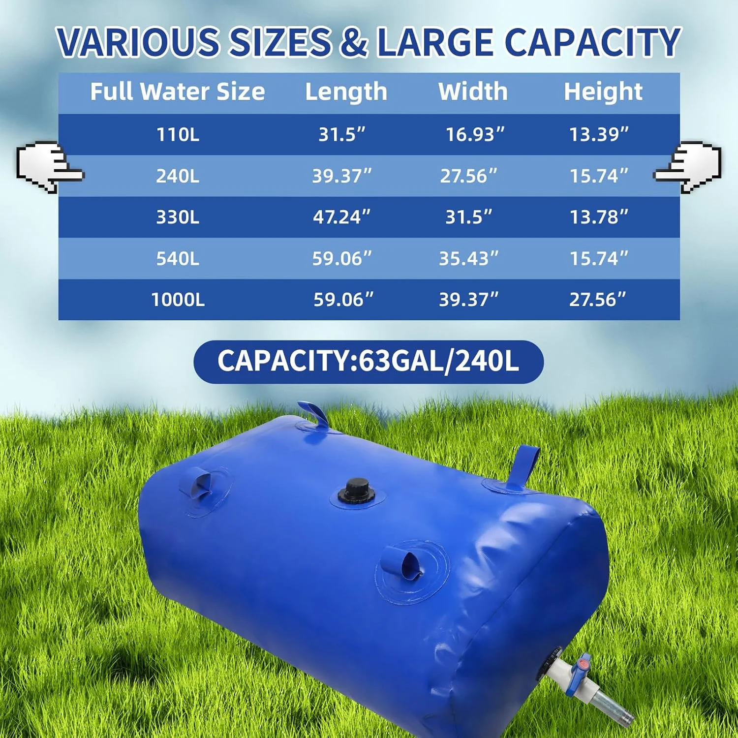 مخزن آب 240 لیتری با شیر، تانک آب قابل حمل با ظرفیت بالا، مخزن جمع شونده آب باران و مخزن ذخیره آب، برای کمپینگ، حفاظت از آتش سوزی، آبیاری کشاورزی و آب اضطراری