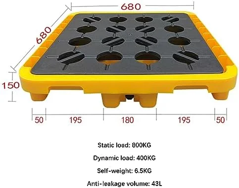 پالت نگهداری و مهار نشت بشکه، سینی ضد نشت ماژولار با خروجی تخلیه برای مخزن روغن و نگهداری مواد شیمیایی، سکوی پلی اتیلنی قابل انباشت، 68x68x15 سانتی متر