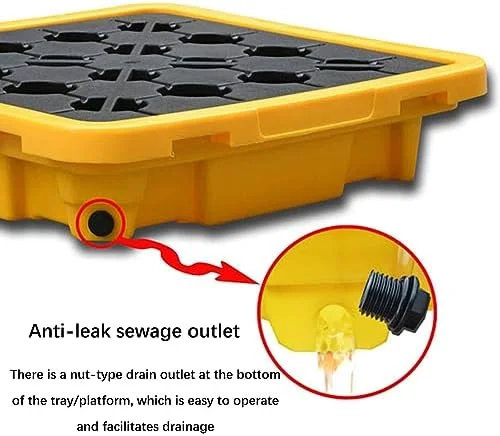 پالت نگهداری و مهار نشت بشکه، سینی ضد نشت ماژولار با خروجی تخلیه برای مخزن روغن و نگهداری مواد شیمیایی، سکوی پلی اتیلنی قابل انباشت، 68x68x15 سانتی متر