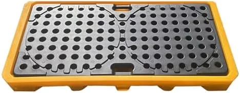 پالت نگهداری نشت مواد، سینی نشت مخزن روغن، سکوی نگهداری نشت مواد، سکوی پلی اتیلنی زرد و مشکی، سکوی ماژولار با توری مسطح، انبار، 130x68x10 سانتی متر