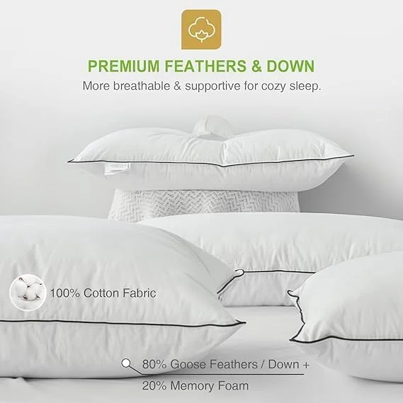 بالش های پر غاز مجارستانی لوکس برای خواب سایز استاندارد ست 2 عددی، بالش های تخت با سفتی متوسط ​​برای خواب، بالش های هتلی روکش مخلوط پنبه (2، استاندارد 50x70 سانتی متر)