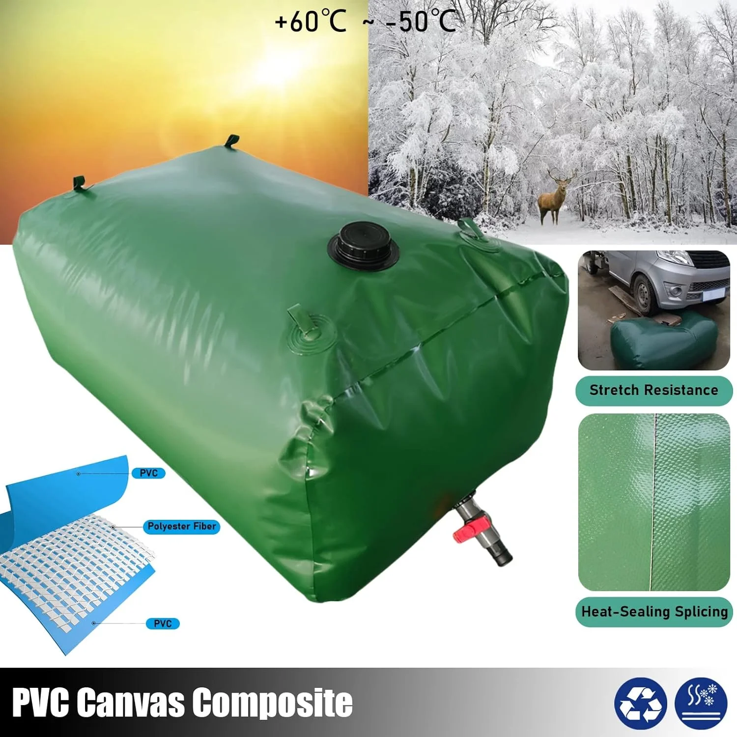 کیسه مخزن آب تاشو سبز رنگ مناسب خودرو، مزارع و ذخیره سازی قابل حمل آب، ظرفیت بزرگ (اندازه: 1x0.8x0.6 متر / 480 لیتر / 126 گالن)