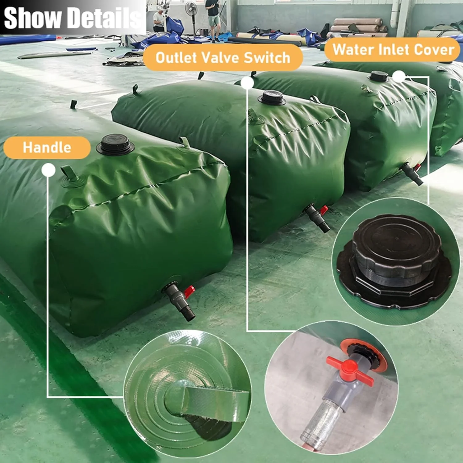 کیسه مخزن آب تاشو سبز رنگ مناسب خودرو، مزارع و ذخیره سازی قابل حمل آب، ظرفیت بزرگ (اندازه: 1x0.8x0.6 متر / 480 لیتر / 126 گالن)