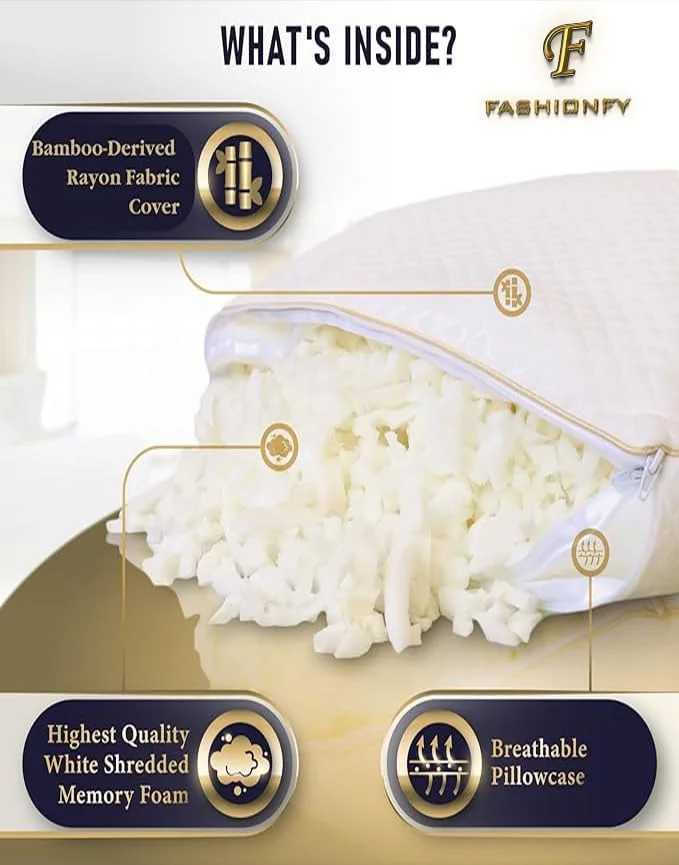 بالش فوم خرد شده FASHIONFY®، بالش تخت خواب برای خواب، 40x60 سانتی متر بالش لوکس هتل با فوم ژل خنک کننده برای خواب پهلو و پشت (استاندارد/کویین)