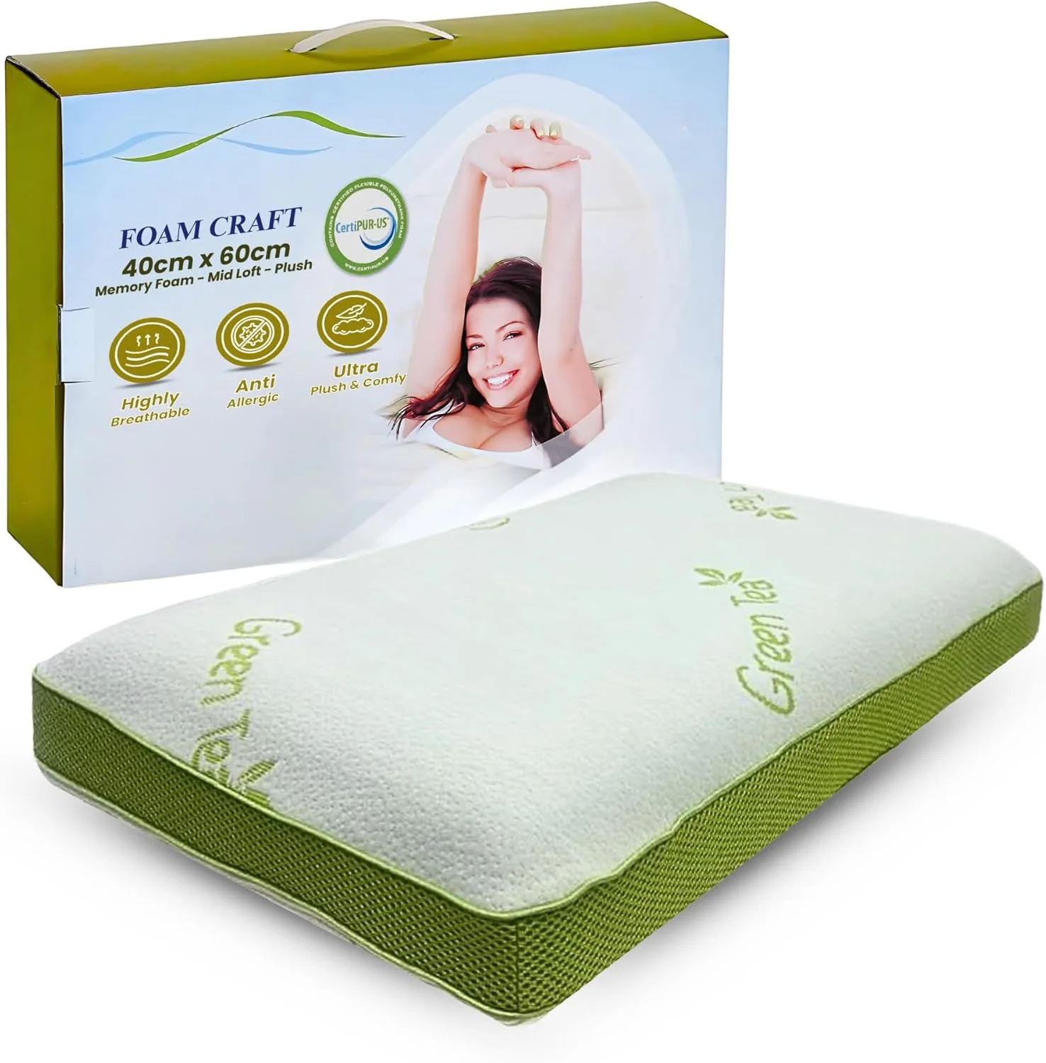 بالش چای سبز فوم کرافت® برای خوابندگان شکم و پهلو | بالش مموری فوم ارتوپدی برای حمایت از گردن و تسکین درد، بالش خواب ضد خروپف با روکش قابل جابجایی (40cm x 60cm) بالش چای سبز فوم کرافت® برای خوابندگان شکم و پهلو | بالش مموری فوم ارتوپدی برای حمایت از گردن و تسکین درد، بالش خواب ضد خروپف با روکش قابل جابجایی (40cm x 60cm)