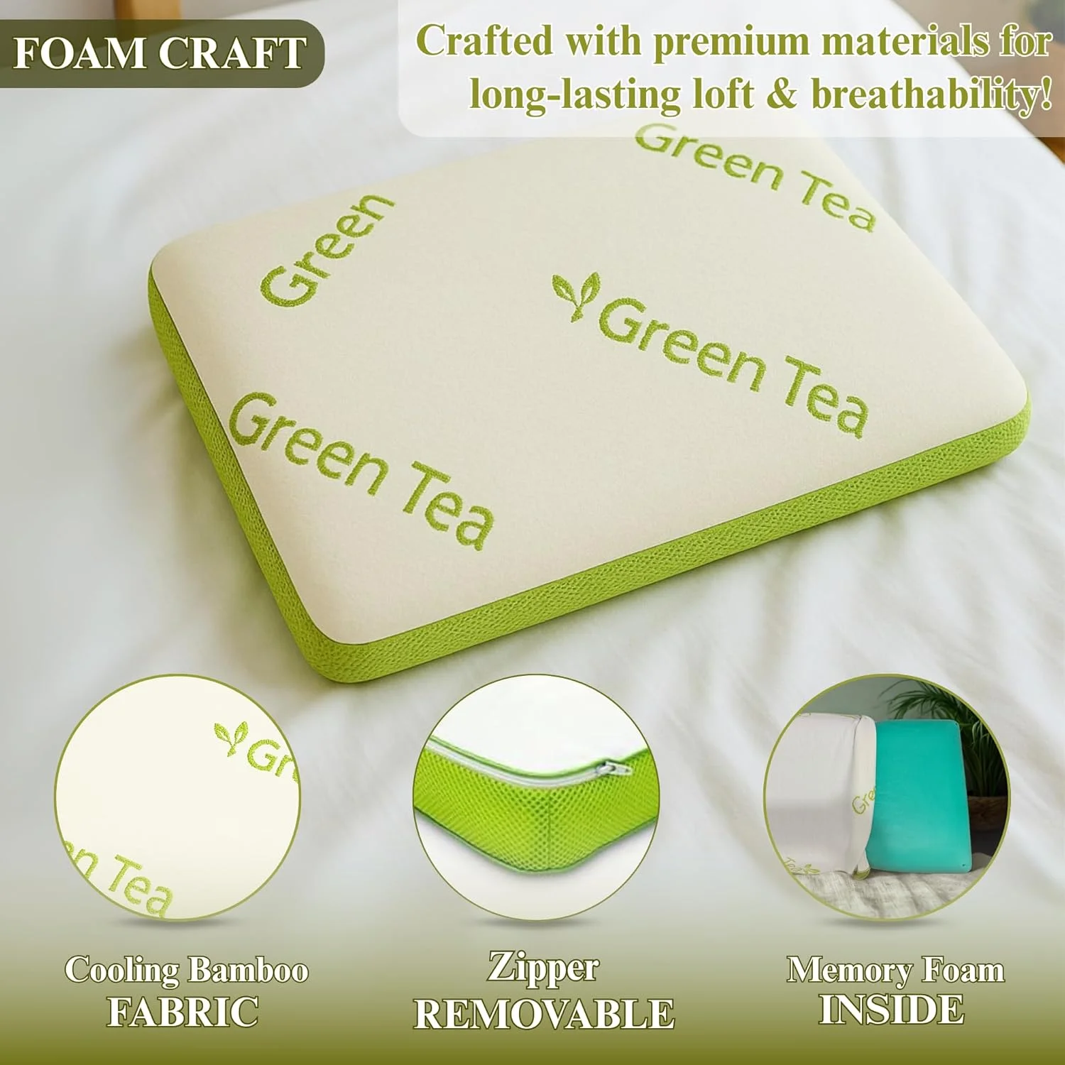 بالش چای سبز فوم کرافت® برای خوابندگان شکم و پهلو | بالش مموری فوم ارتوپدی برای حمایت از گردن و تسکین درد، بالش خواب ضد خروپف با روکش قابل جابجایی (40cm x 60cm)