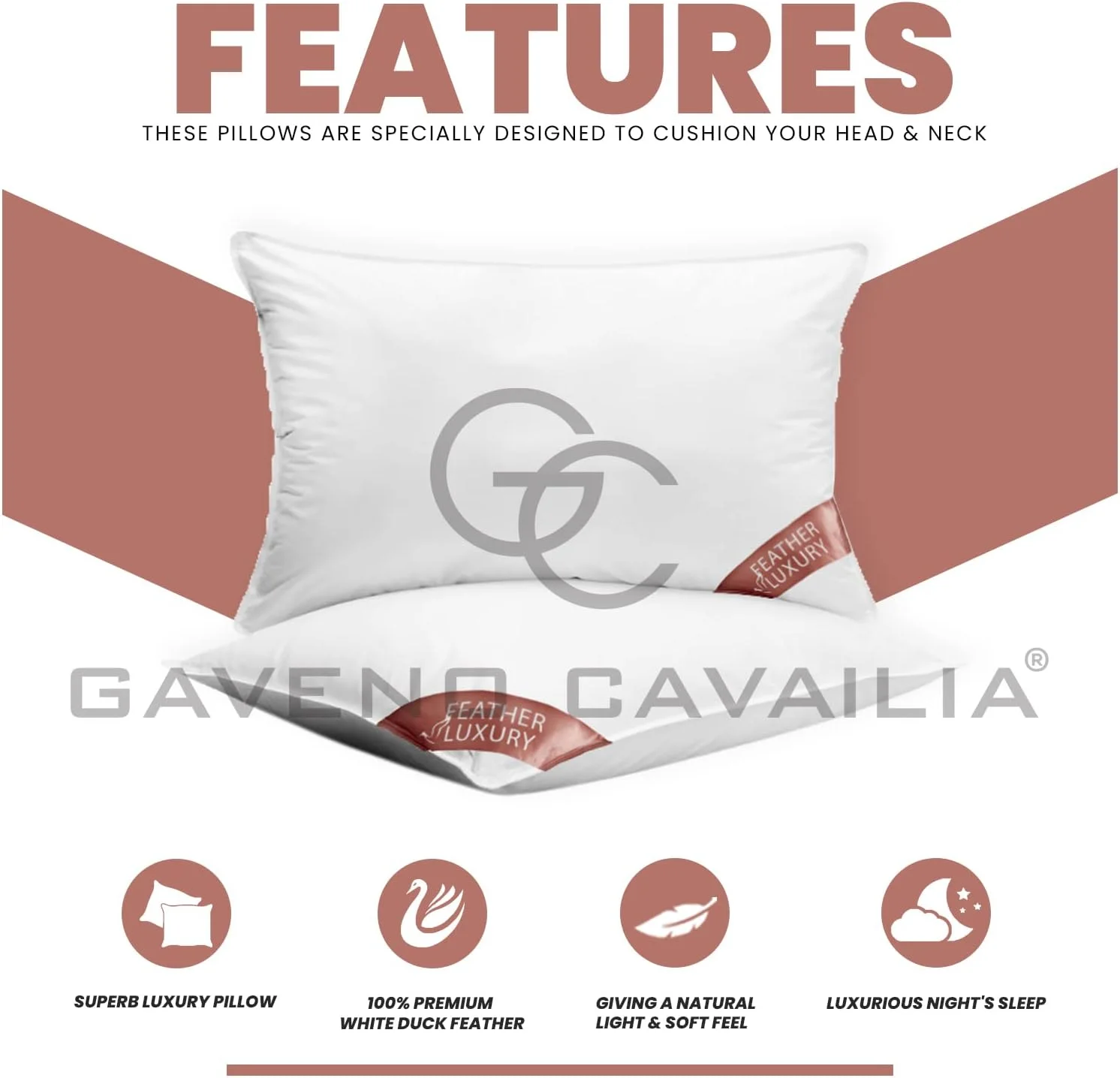 بالش پر غاز جی سی گاوِنو کاوالیا، بسته 2 عددی، بالش راحت با کیفیت هتلی، بالش سفید با قابلیت شستشو برای حمایت از سر، (50x70 سانتی متر)