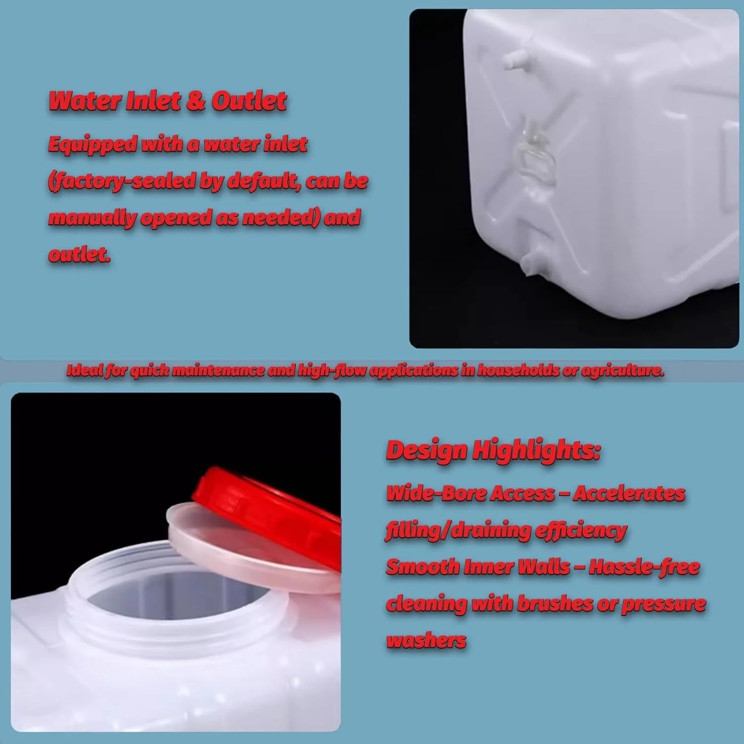 مخزن ذخیره آب چند منظوره HDPE درجه مواد غذایی IJHGH برای کمپینگ، پیاده روی، خانه، مزرعه، فضای باز - 25، 50، 80 و 200 لیتری