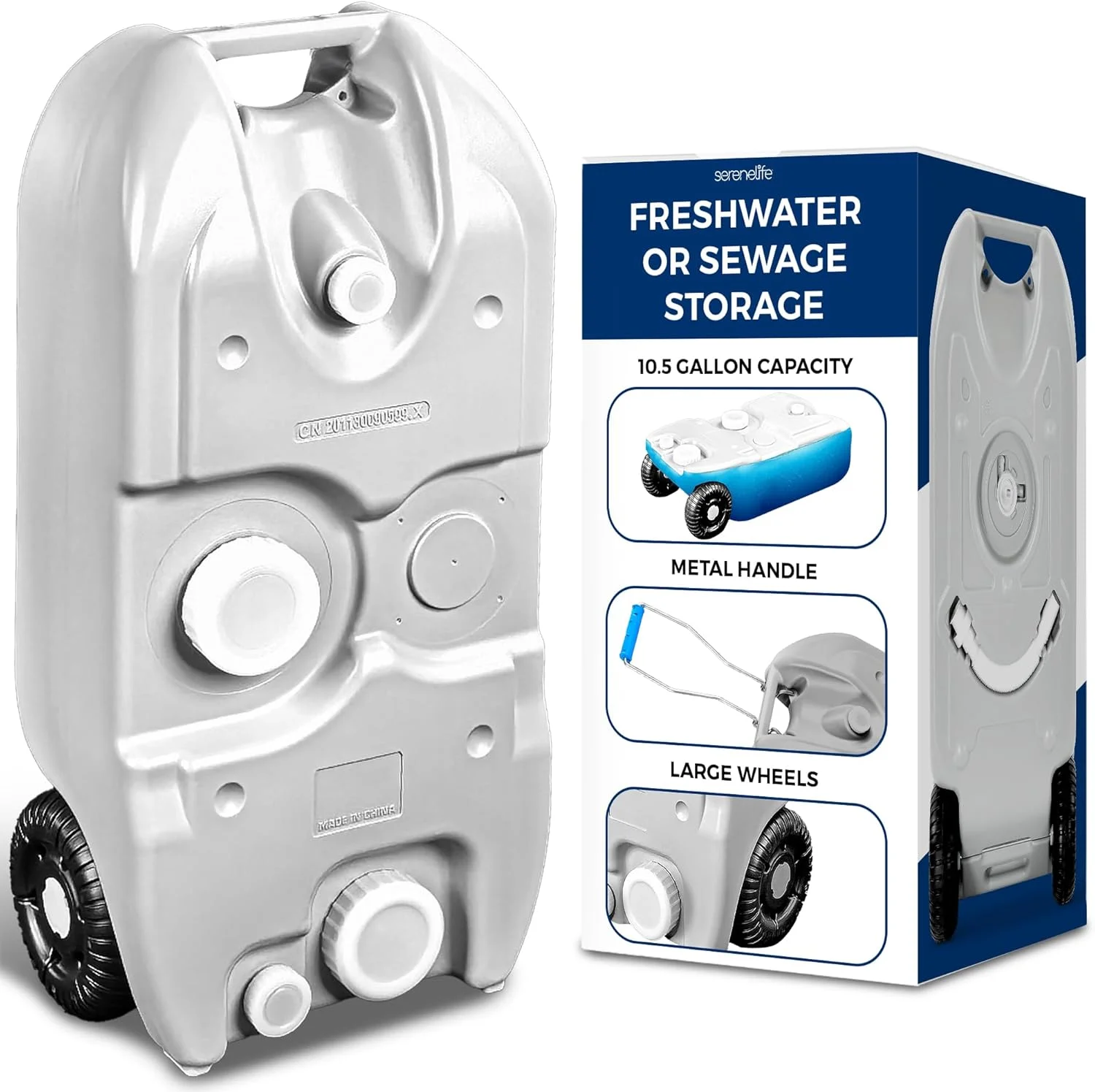 مخزن آب قابل حمل 40 لیتری RV SereneLife با دسته فلزی و چرخ های بزرگ، ایده آل برای کمپینگ و فعالیت های فضای باز، مخزن نگهداری آب شیرین یا فاضلاب، استفاده آسان