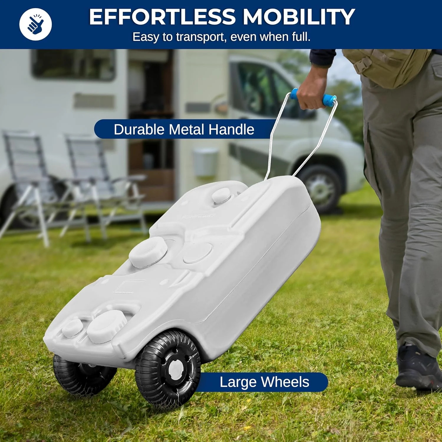 مخزن آب قابل حمل 40 لیتری RV SereneLife با دسته فلزی و چرخ های بزرگ، ایده آل برای کمپینگ و فعالیت های فضای باز، مخزن نگهداری آب شیرین یا فاضلاب، استفاده آسان