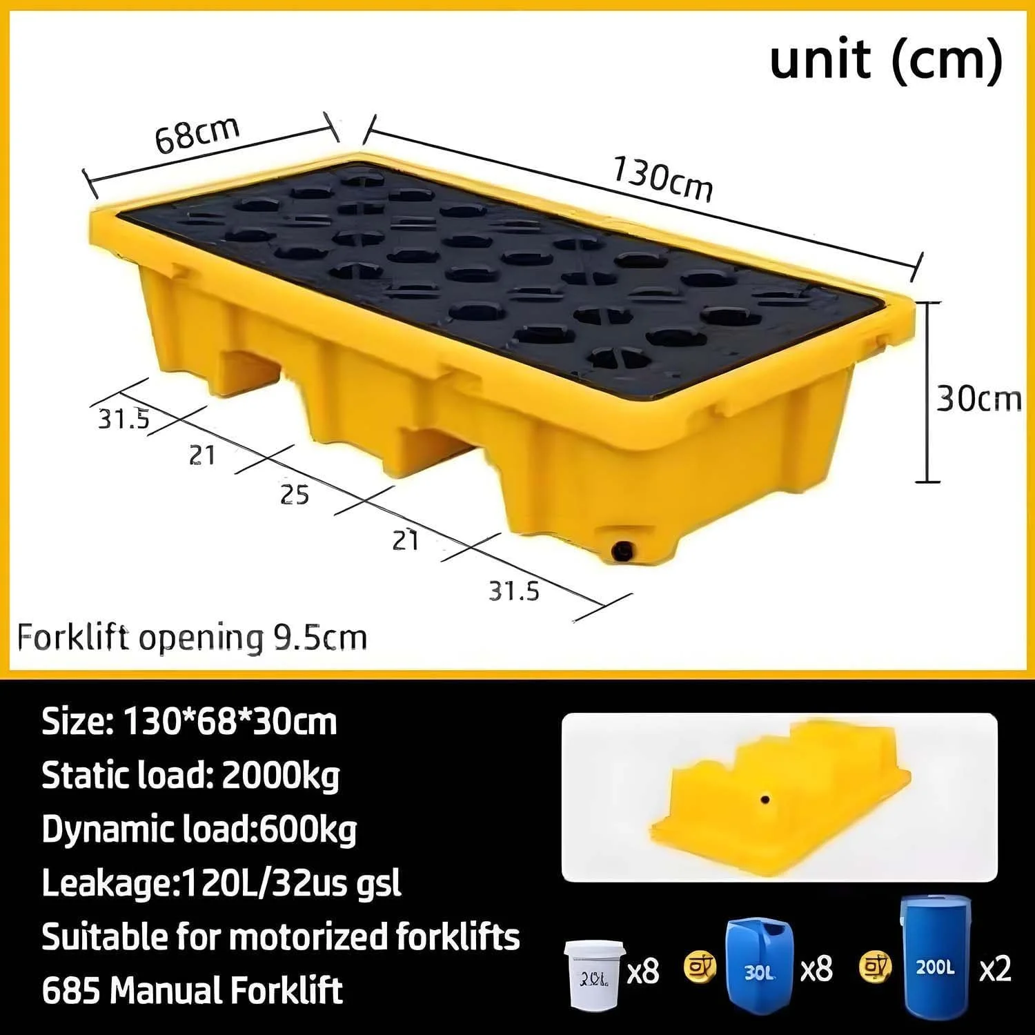 سینی ضد نشت مخزن روغن، پالت مهار نشت بشکه، سینی مهار مشبک جداشدنی تودرتو، سکوی پلی اتیلن صنعتی انبار گاراژ برای سطل رنگ (15 * 68 * 130 سانتی متر)