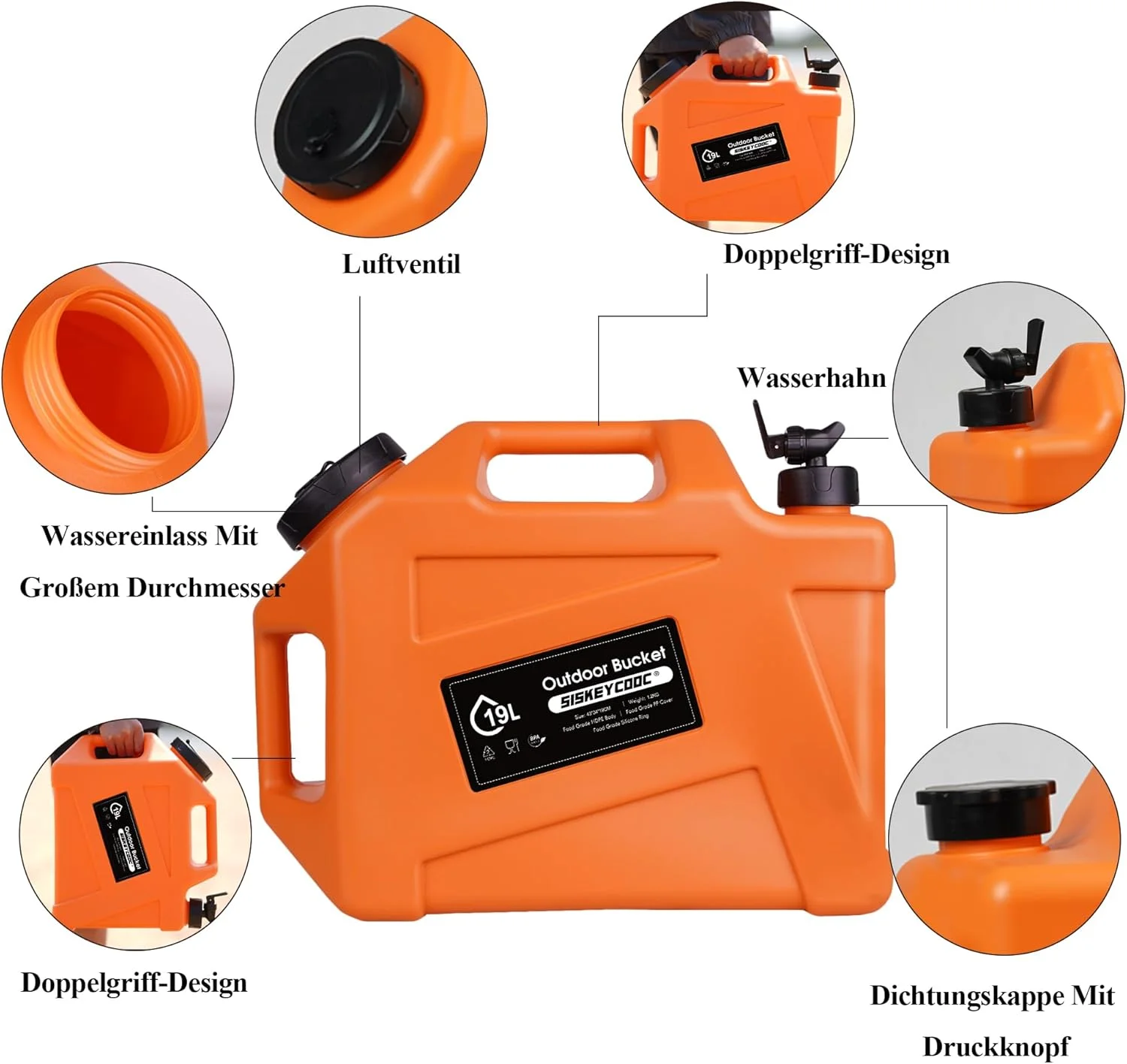 ظرف آب قابل حمل 19 لیتری با شیر، مخزن آب نارنجی، خروجی آب، ظرف آب چند منظوره برای کمپینگ، فضای باز، حمل و نقل اضطراری (نارنجی، 19 لیتر)