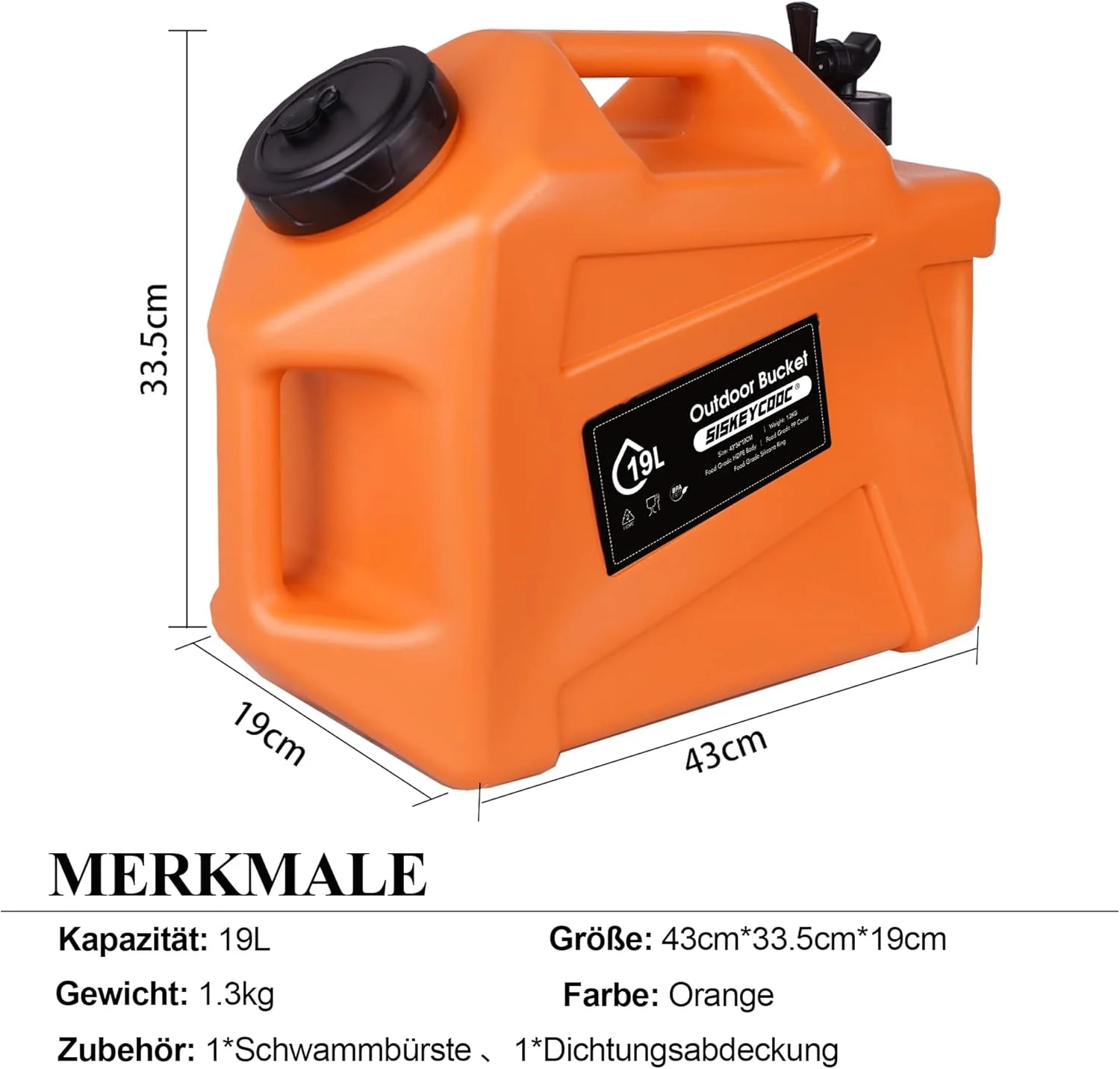 ظرف آب قابل حمل 19 لیتری با شیر، مخزن آب نارنجی، خروجی آب، ظرف آب چند منظوره برای کمپینگ، فضای باز، حمل و نقل اضطراری (نارنجی، 19 لیتر)