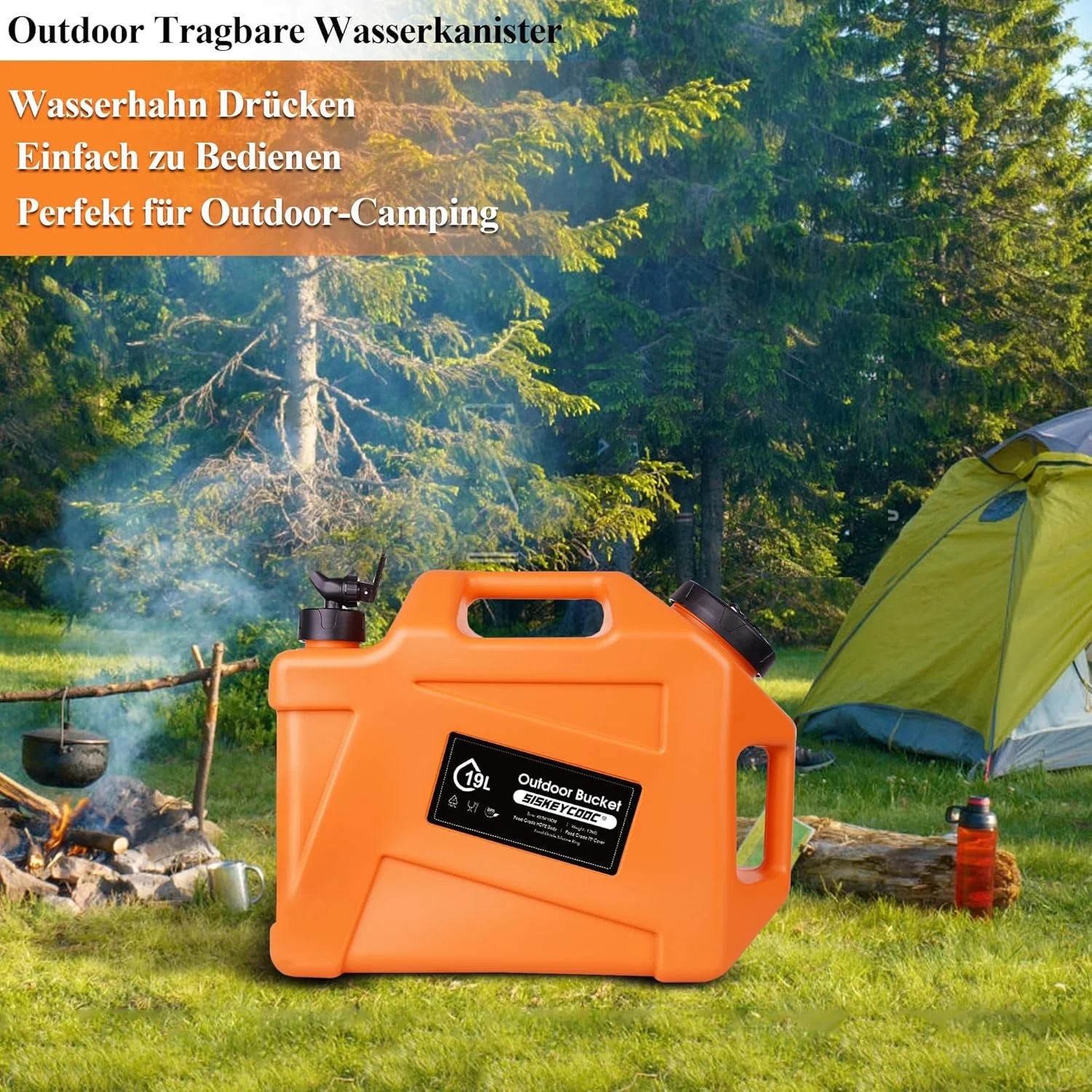 ظرف آب قابل حمل 19 لیتری با شیر، مخزن آب نارنجی، خروجی آب، ظرف آب چند منظوره برای کمپینگ، فضای باز، حمل و نقل اضطراری (نارنجی، 19 لیتر)