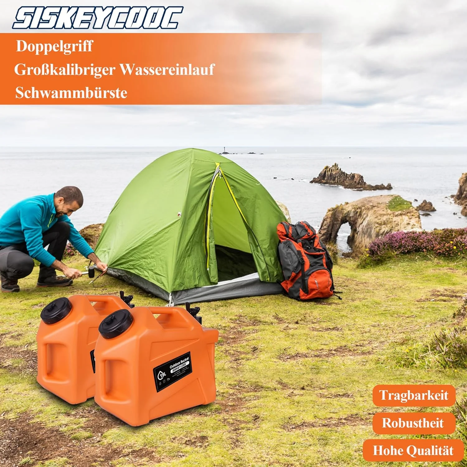 ظرف آب قابل حمل 19 لیتری با شیر، مخزن آب نارنجی، خروجی آب، ظرف آب چند منظوره برای کمپینگ، فضای باز، حمل و نقل اضطراری (نارنجی، 19 لیتر)