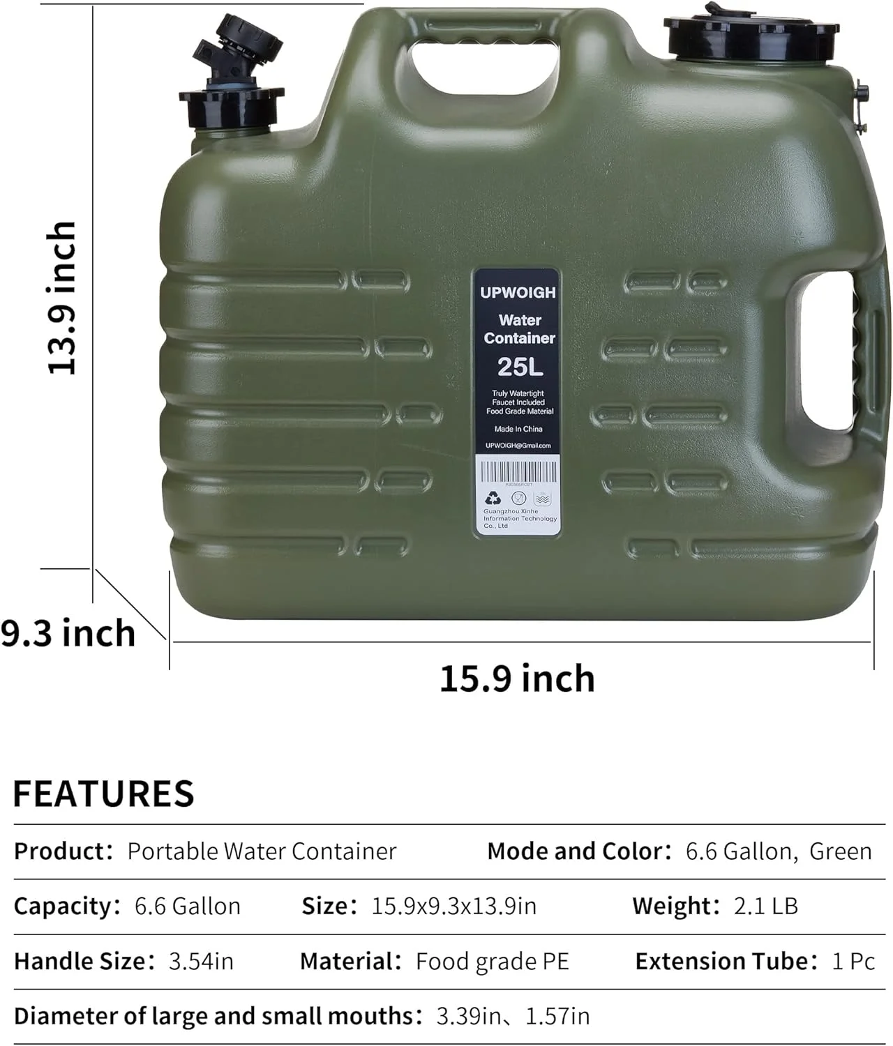 ظرف آب 25 لیتری UPWOIGH با شیر، بدون نشتی، مخزن آب سبز، سطل آب قابل حمل برای کمپینگ، پیاده روی، پیک نیک و باربیکیو