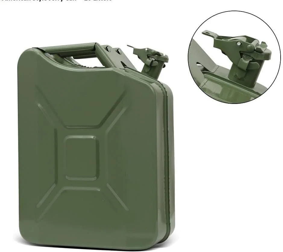 ظرف فلزی سبک آمریکایی - ظرفیت 20 لیتر، رنگ سبز ارتشی، آهن سنگین با پوشش پودری، ضخامت 0.8 میلی متر، مخزن قابل حمل برای نگهداری سوخت و مایعات (سبز، 20 لیتر)