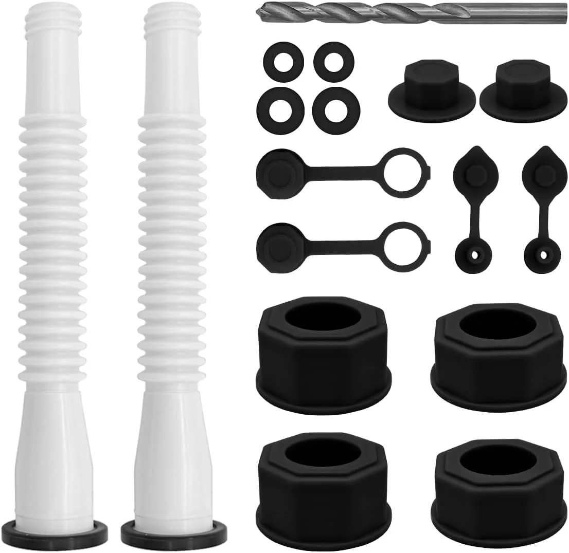 کیت جایگزینی خروجی مخزن سوخت بلومی، 4 عدد درپوش پیچی (2 رزوه درشت، 2 رزوه ریز)، 2 عدد خروجی سفید، 2 عدد درپوش هواکش، مته، جنس پلی اتیلن، بنزین، سفید