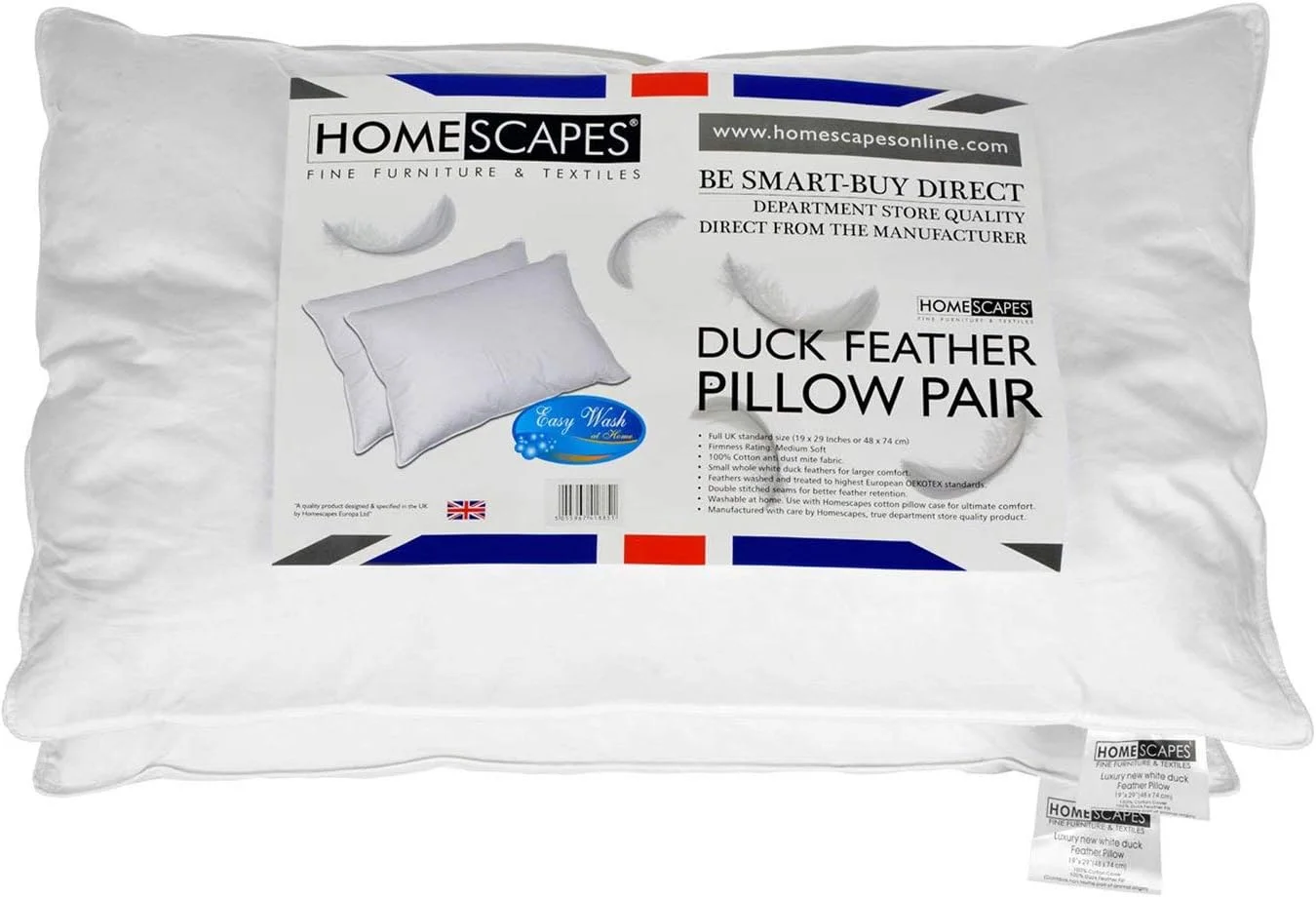 هوم اسکیپس - جفت بالش پر اردک سفید - کیفیت فروشگاهی - ضد گرد و غبار - قابل شستشو - سفتی متوسط/نرم - روکش 100% پنبه ضد پرز - دارای گواهی RDS