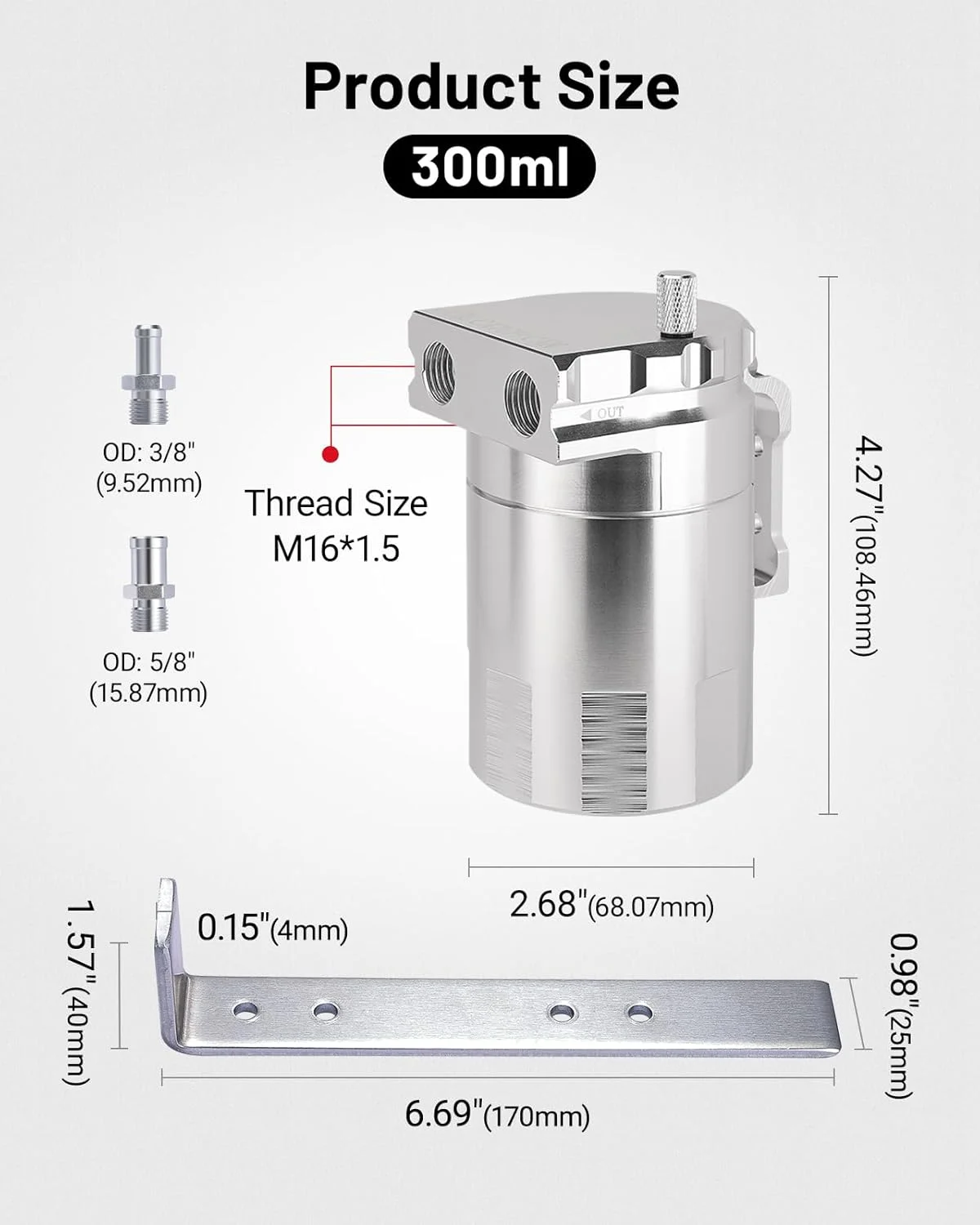 مخزن ذخیره روغن ای ویل انرژی، 300 میلی لیتر، مخزن آلومینیومی جداکننده روغن هوا با شلنگ سوخت NBR به طول 5 فوت و شناسه 3/8 اینچ