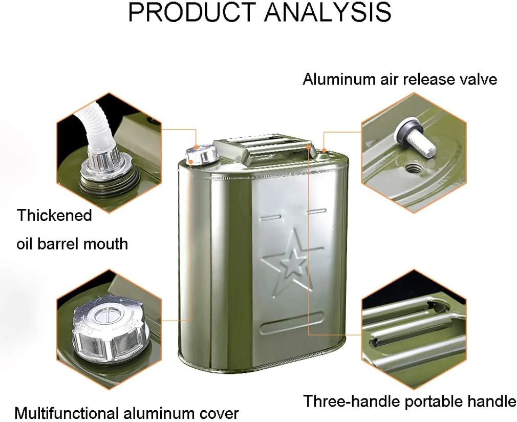 ظرف بنزین فلزی قابل حمل با ظرفیت بالا، ضد زنگ و ضد نشت، مناسب برای مسافرت، کمپینگ، بنزین، گازوئیل و روغن، 20 لیتر