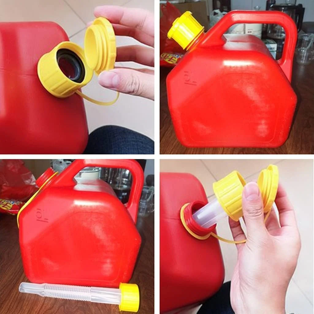 ظرف سوخت قابل حمل 5 لیتری - ظرف پلاستیکی مقاوم با لوله راهنمای روغن، طراحی ضد نشت برای نگهداری بنزین، گازوئیل و روغن