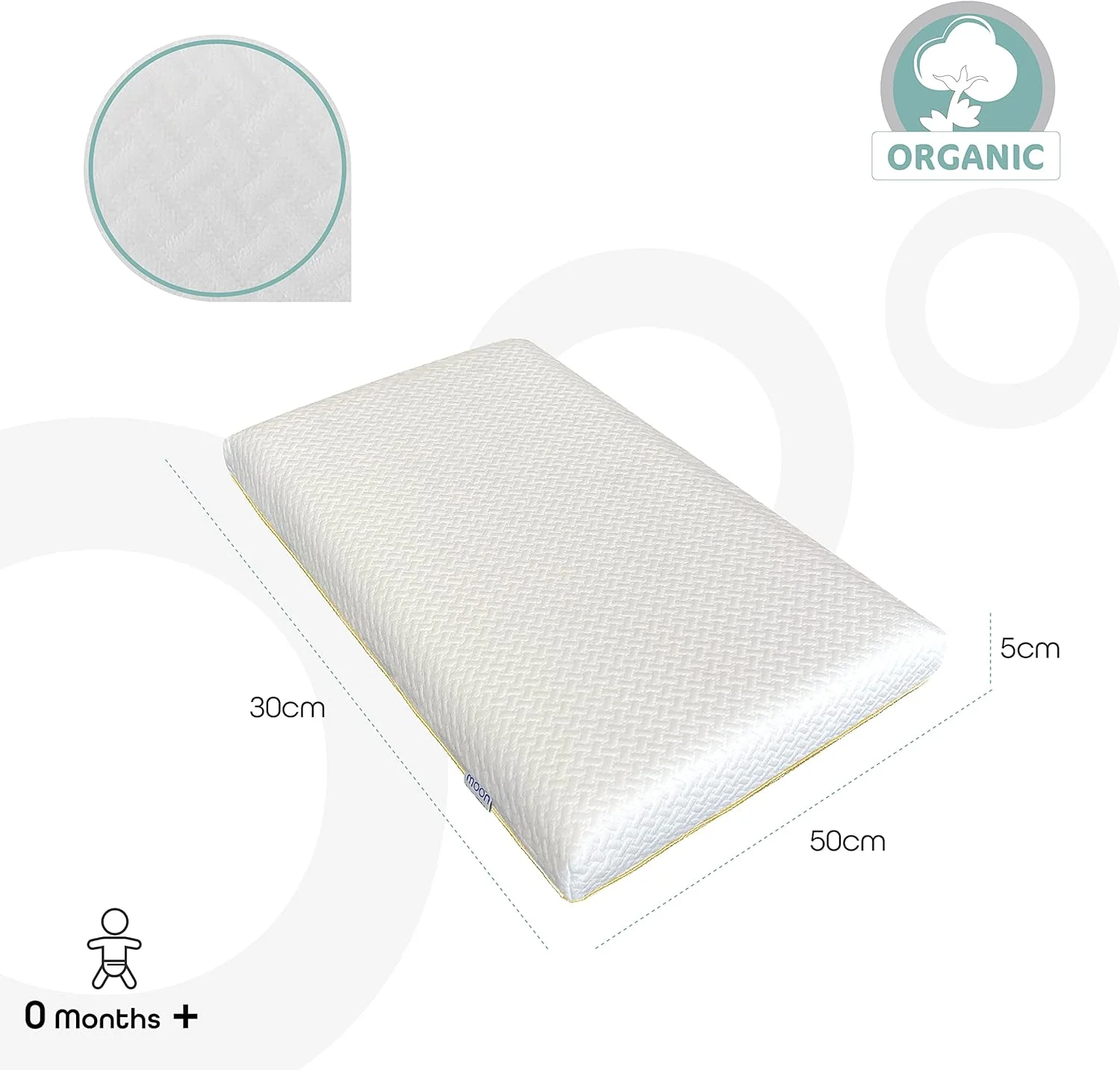 بالش نوزادی ارگانیک ماه: 30 x 50 x 5 - ضد حساسیت، تنفس پذیر و سازگار با محیط زیست؛ نرم، لطیف و پشتیبان برای خواب ایمن و راحت؛ ایده آل برای نوزادان و کودکان نوپا - سفید