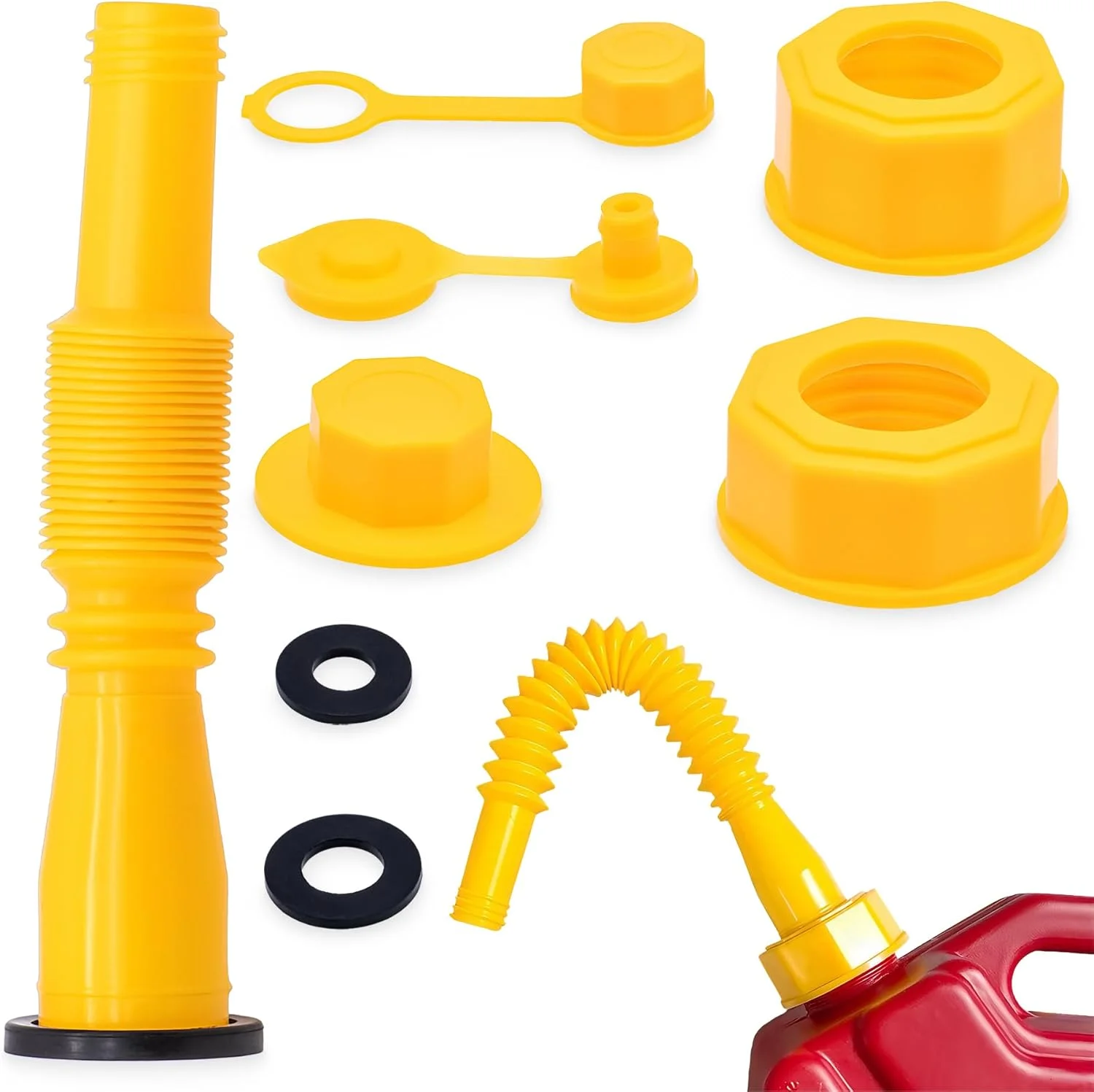 یک ست جایگزین نازل برای ظروف بنزین، نازل انعطاف پذیر و جمع شونده، ضد ریزش بادوام با درپوش های پیچی، پوشش نازل، درپوش پایه، مناسب برای ظروف بنزین 1/2/5/10 گالن (زرد)