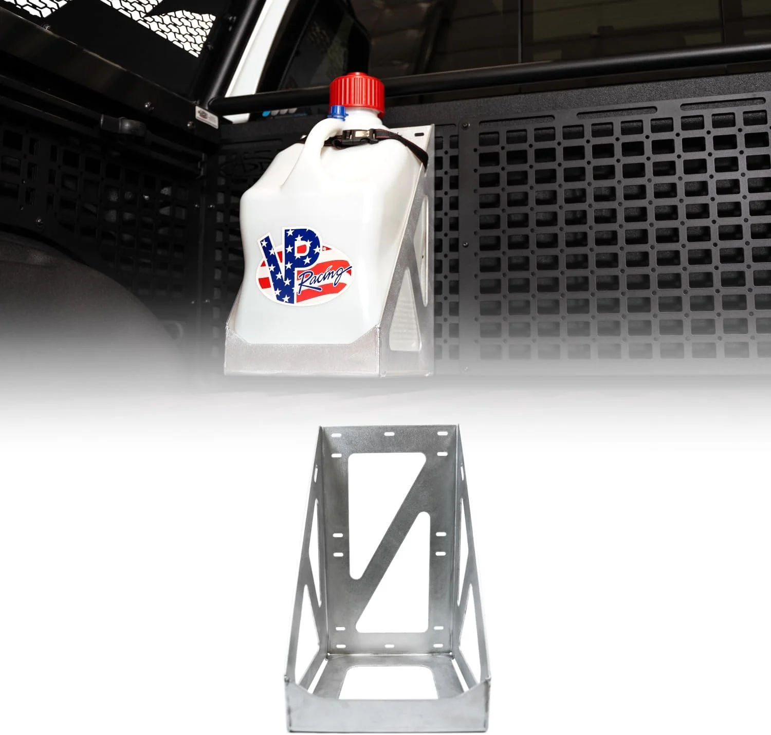 نگهدارنده دبه بنزین 5 گالنی Rago Fabrication | طراحی شده برای کاربردهای گوناگون مانند تخت کامیون، گاراژ، تریلر، پنل های مولی خودرو و غیره | سازگار با پنل های مولی Rago، ADD Offroad، DV8 Offroad