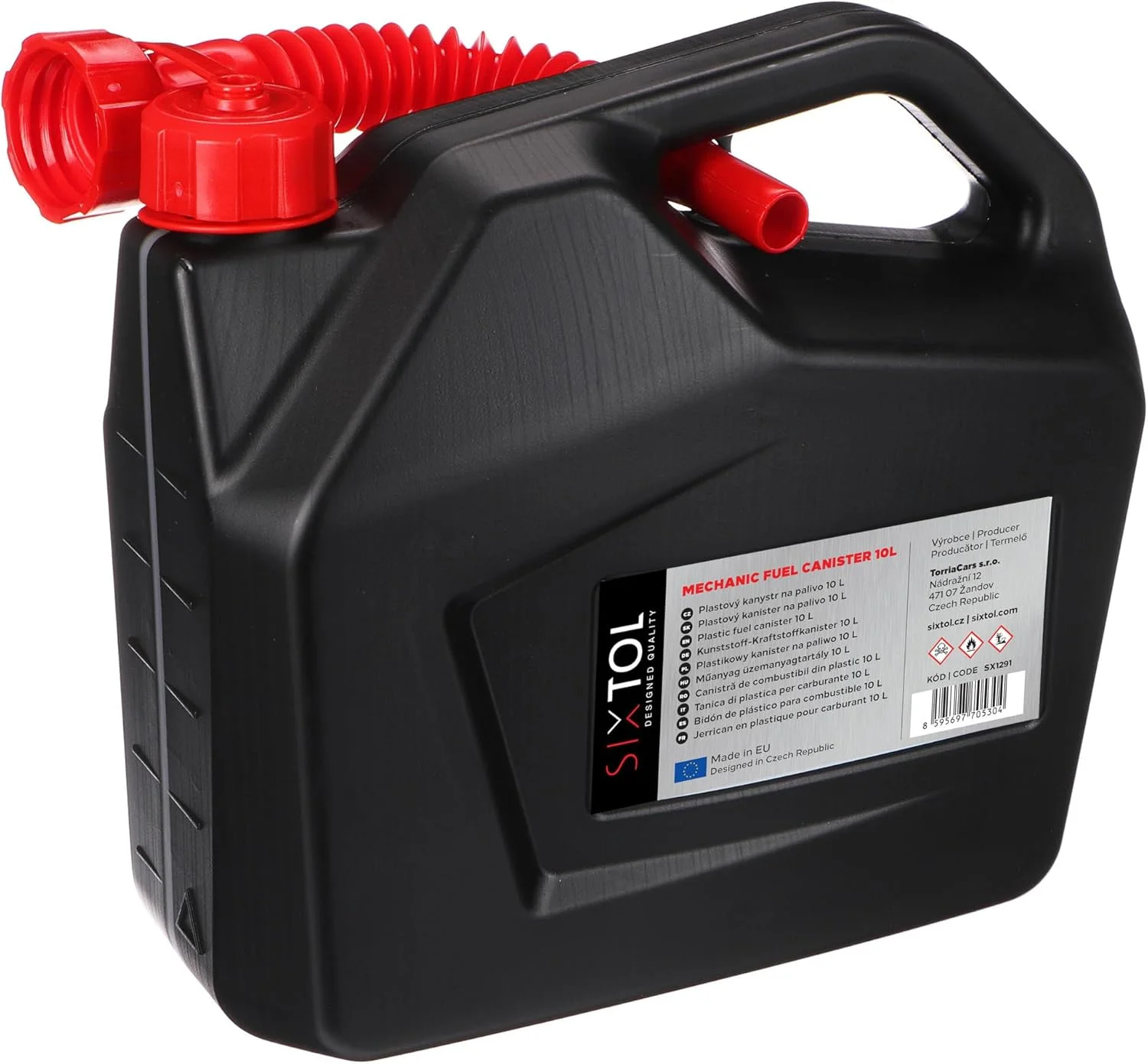 ظرف سوخت مکانیکی سیکستول، 10 لیتری، ظرف پلاستیکی برای سوخت ها، دارای گواهی سازمان ملل، دارای نازل انعطاف پذیر، ظرف بنزین، ظرف ذخیره