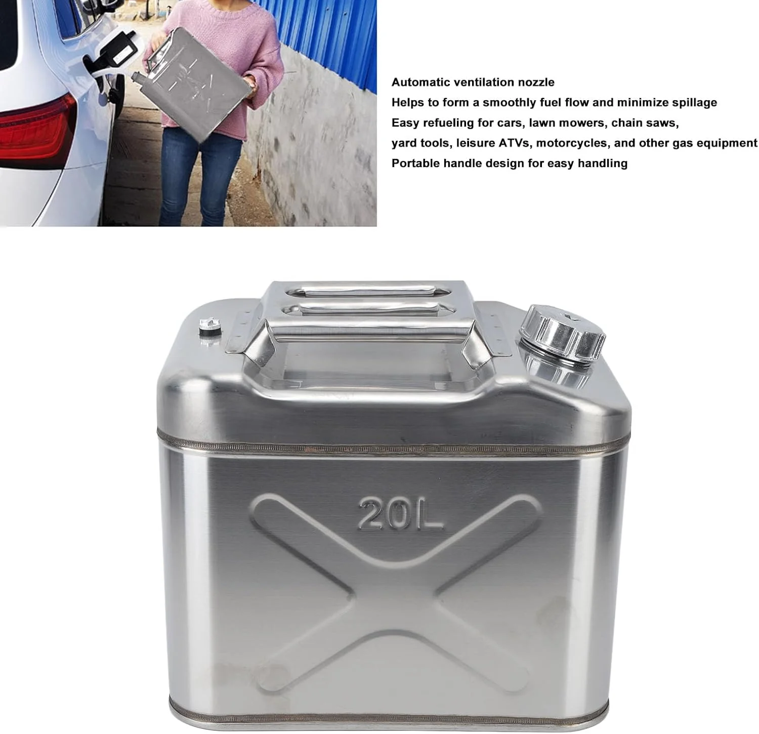 ظرف سوخت 20 لیتری استیل ضد زنگ سوراندی، مقاوم در برابر خوردگی، با نازل تهویه اتوماتیک و حمل آسان