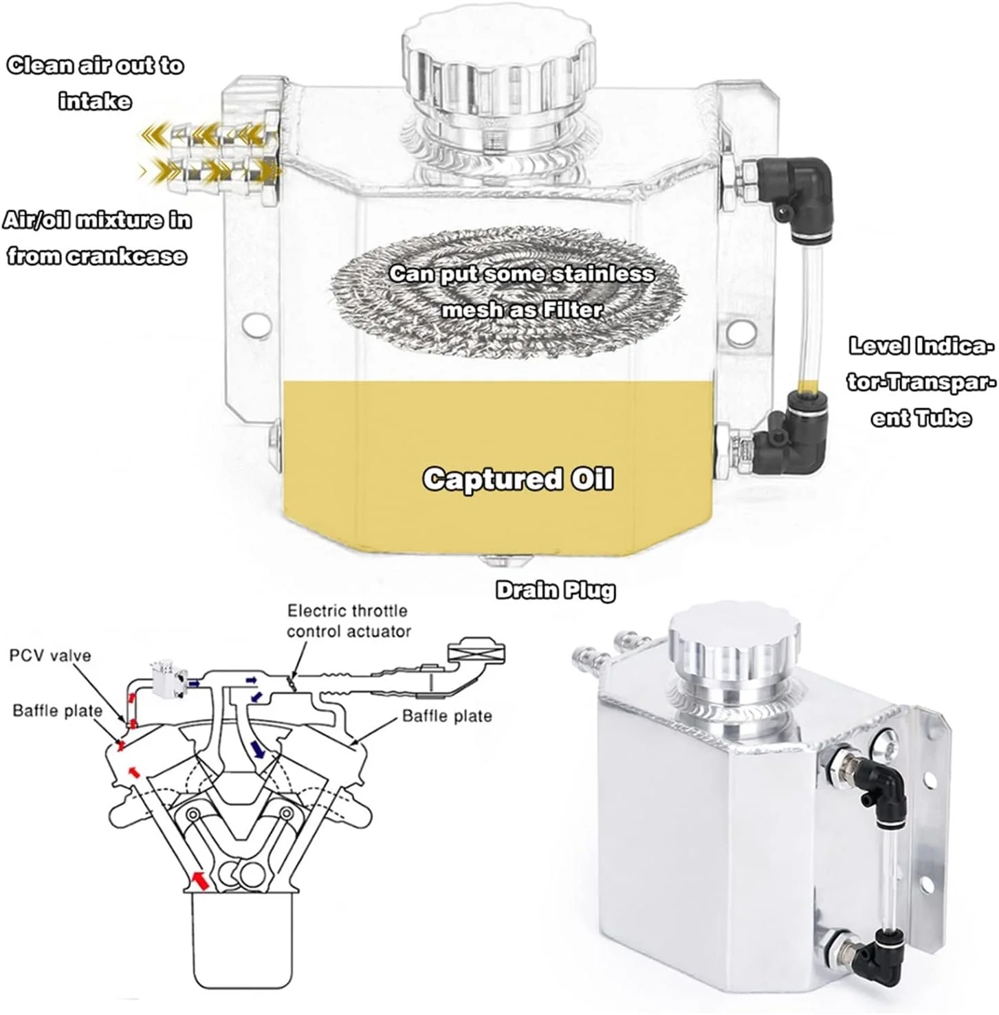 مخزن ذخیره روغن آلومینیومی یونیورسال 1 لیتری خودرو با درپوش تخلیه و هواکش، تجهیزات سیستم سوخت