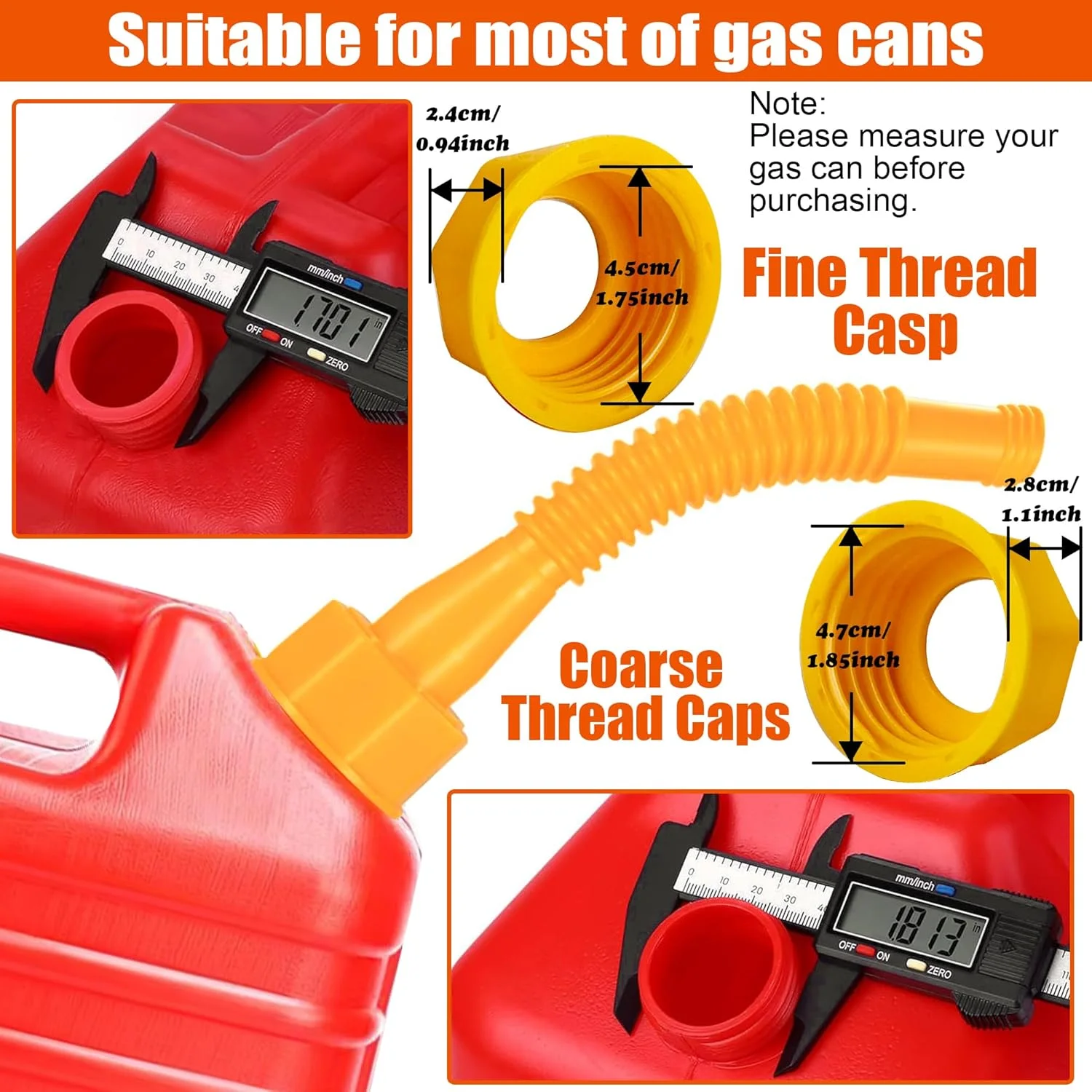 نازل جایگزین برای ظروف سوخت، نازل ظرف سوخت، (کیت 3 عددی - زرد) لوله های انعطاف پذیر، نازل های آسان ریزش، 6 عدد درپوش یقه ای پیچی با درپوش های هواکش ظرف سوخت، نازل ظرف سوخت، نازل مخزن سوخت (زرد)
