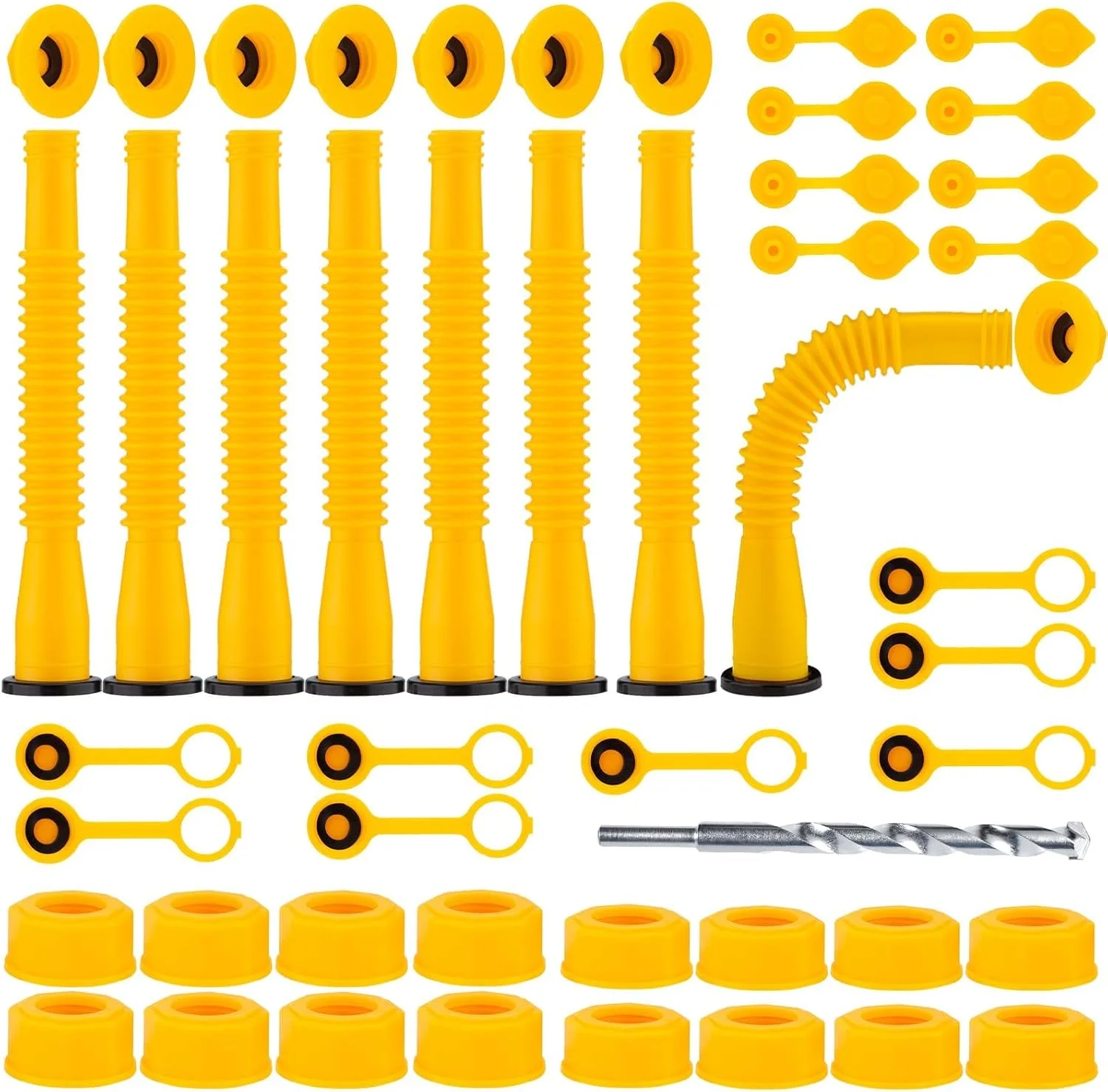 نازل جایگزین برای مخزن سوخت (مجموعه 8 عددی - زرد) مناسب برای اکثر مخازن 1/2/5/10 گالنی، نازل انعطاف پذیر جایگزین مخزن سوخت به همراه درپوش های هواکش مخزن سوخت، پوشش نازل، درپوش های پایه